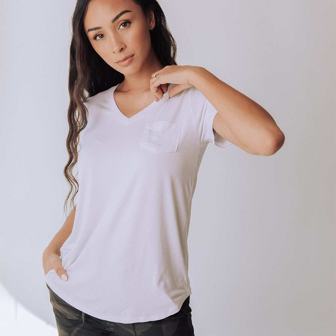 Soft & Breathable Bamboo V-Neck T-Shirt for Women - Eco-Friendly White Basic Tee - Perfect for Casual Wear, Yoga & Everyday Comfort