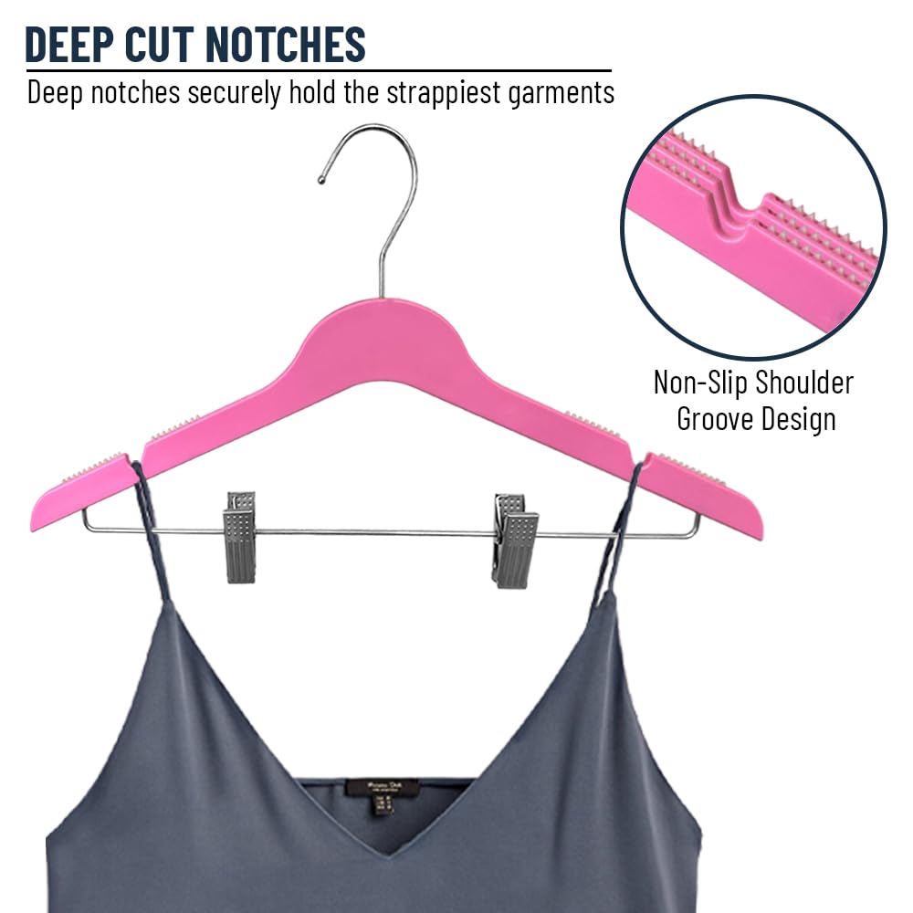 Slim Plastic Hangers with Clips - 100 Pack Space Saving Blouse & Clothes Hangers (Hot Pink) - Perfect for Closet Organization, Retail Stores & Laundry Room Storage