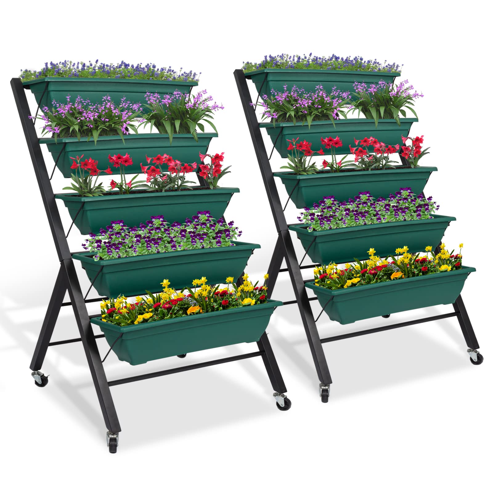 Kinpaw 2-Piece Vertical Raised Garden Bed - 5-Tier Elevated Freestanding Planter Box with 5 Containers - Mobile Herb Flower Plant Stand with Wheels - Perfect for Small Spaces, Balconies & Indoor Gardening