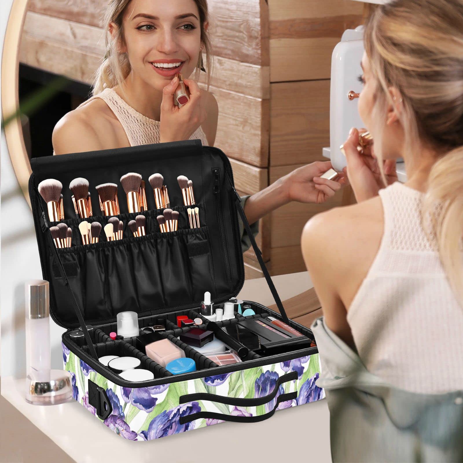 Purple Flowers Travel Makeup Bag for Women - Portable Cosmetic Organizer for Travel & Artists