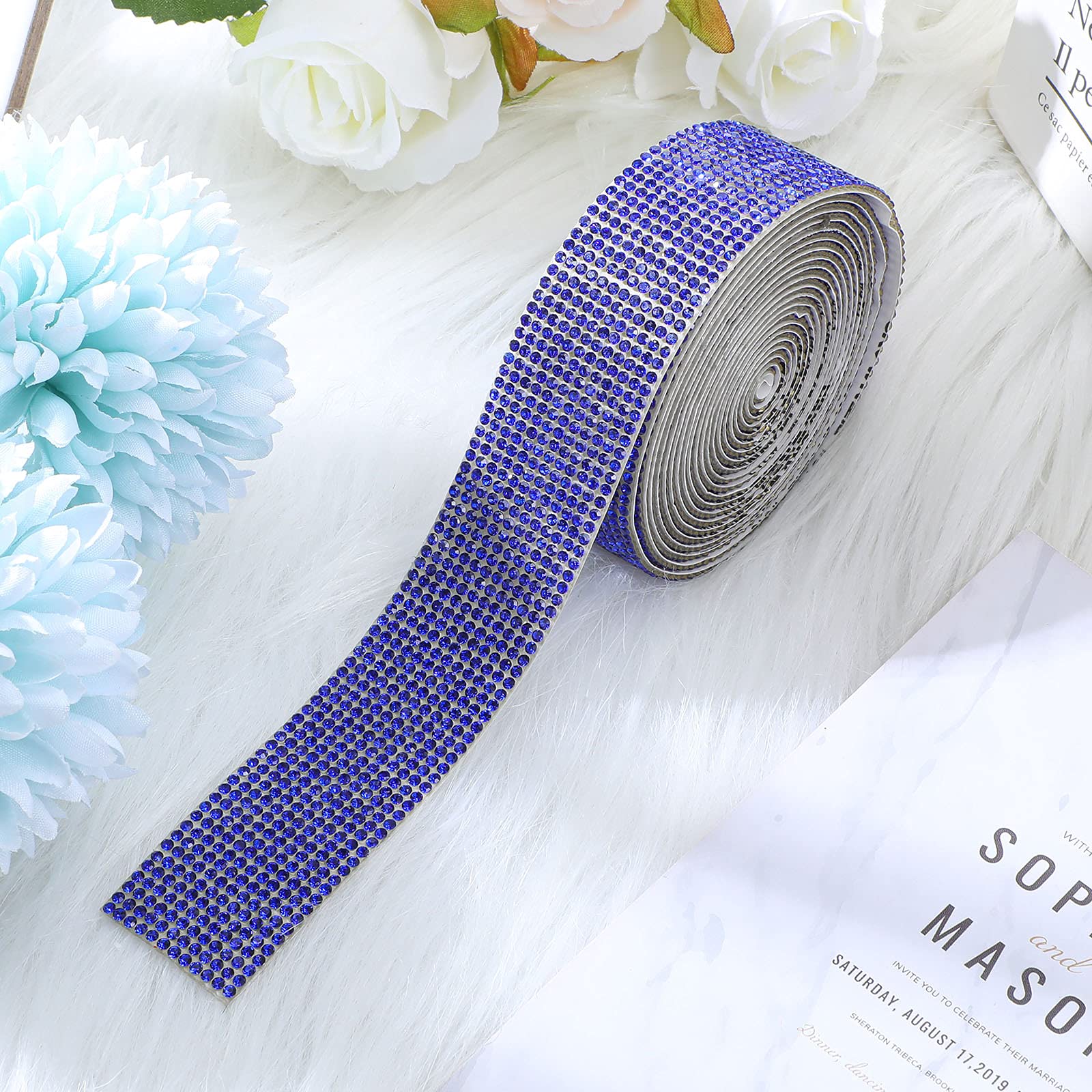 Self Adhesive Rhinestone Strips - 2mm Diamond Bling Crystal Ribbon Stickers for DIY Crafts, Jewelry Making, Car & Phone Decoration (Royal Blue, 1.06