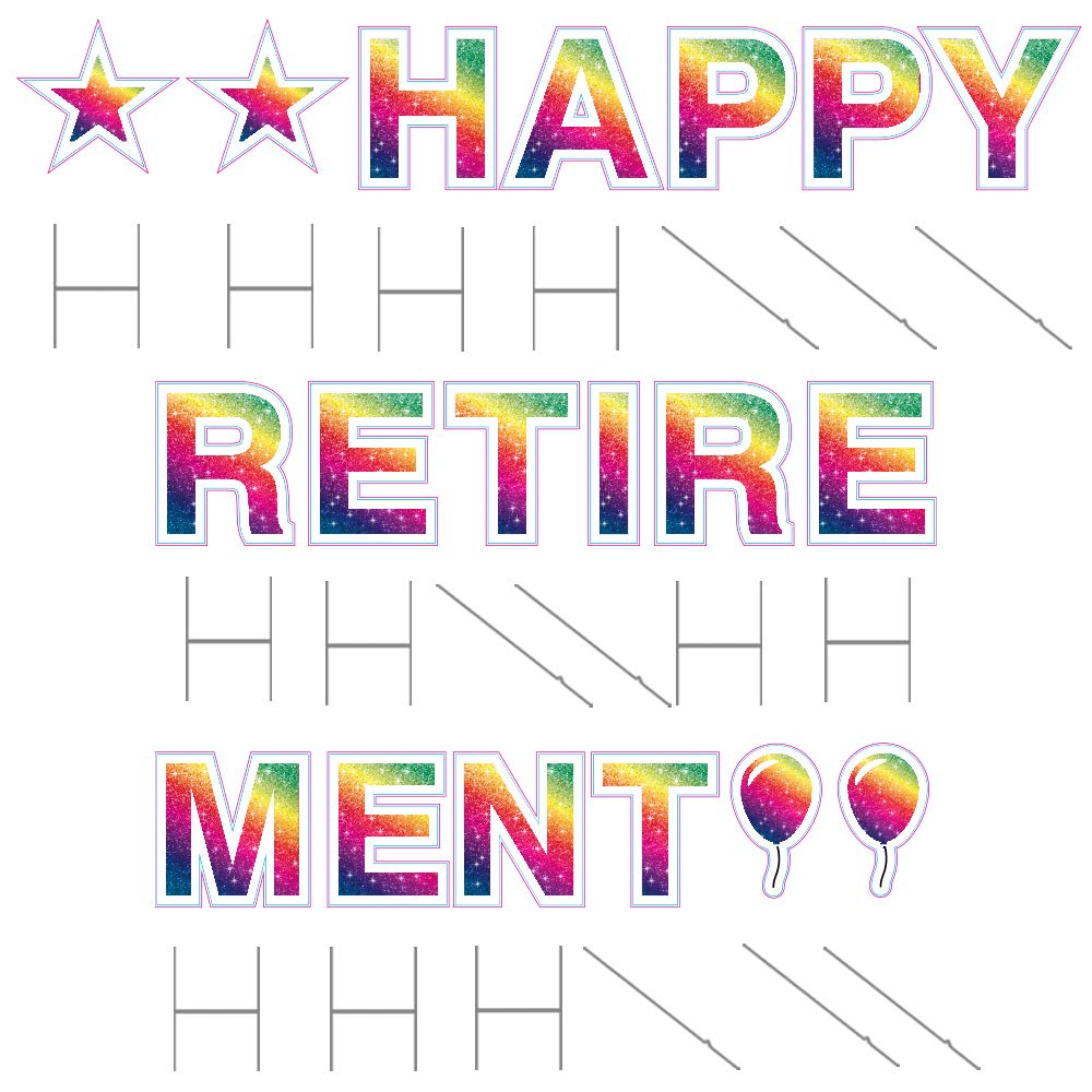 Happy Retirement Yard Sign - 18in Tall with Stakes & Emojis, Corrugated Plastic, Rainbow Faux Glitter - Perfect for Retirement Party Decorations, Gifts & Outdoor Celebrations
