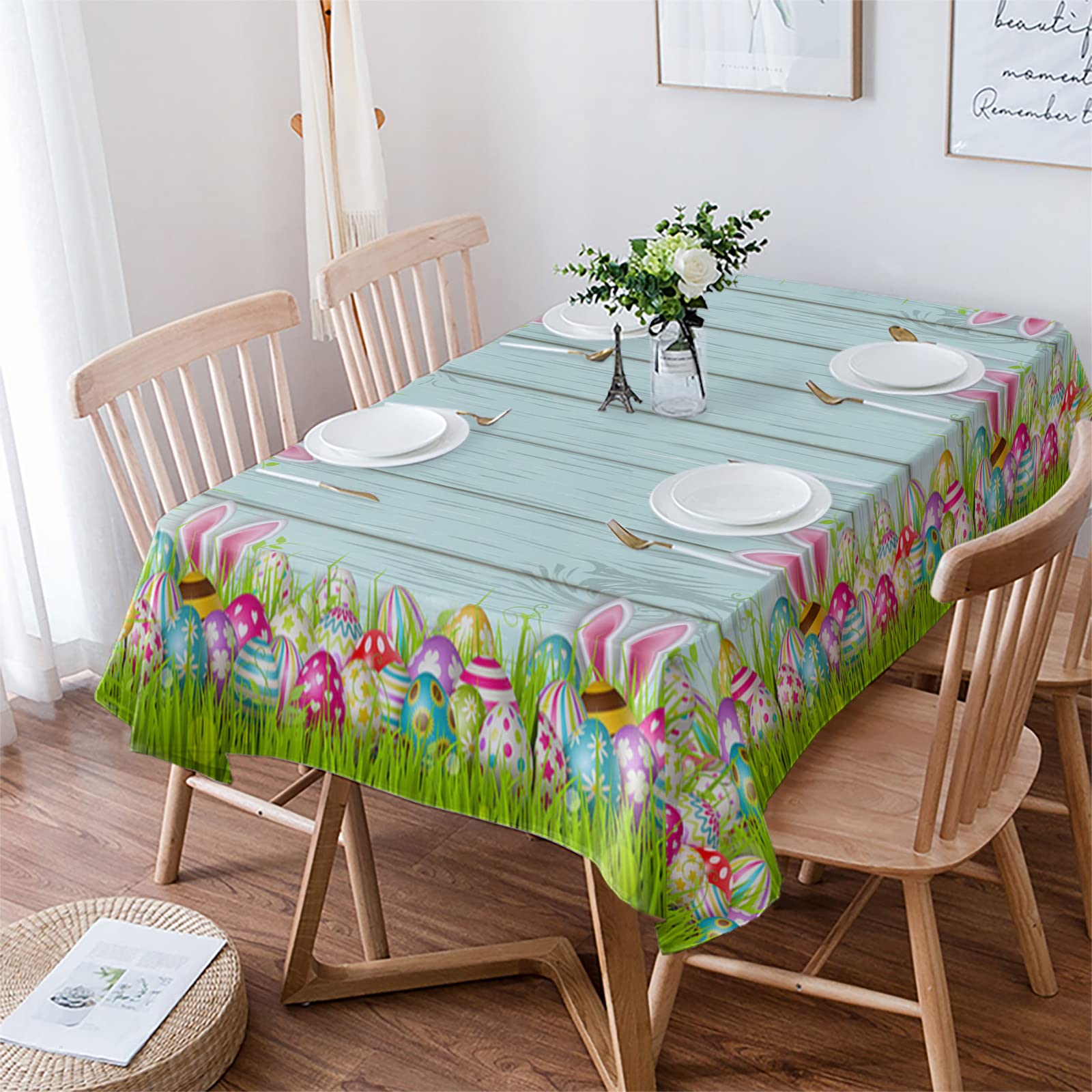 Easter Tablecloth Waterproof - 52x70 Inch Rectangle Easter Bunny & Eggs Design Rustic Wood Spring Table Cover for Kitchen, Party, Outdoor Dining Decor - Perfect for Easter Celebrations, Spring Gatherings & Home Decor
