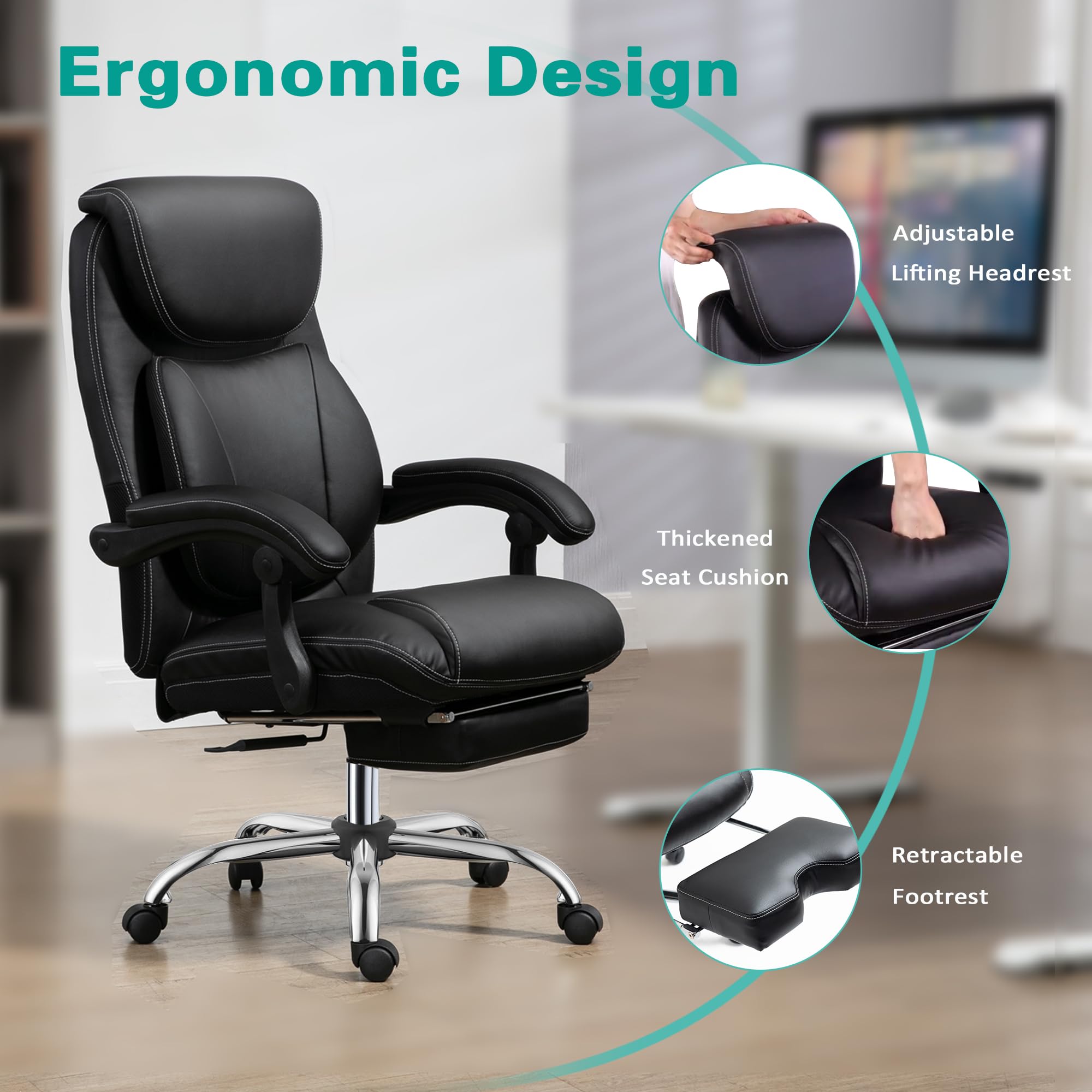 Ergonomic High Back Office Chair with Adjustable Lumbar Support & Headrest - Executive Computer Desk Chair for Home Office with Footrest, Black - Perfect for Long Work Hours & Gaming Sessions