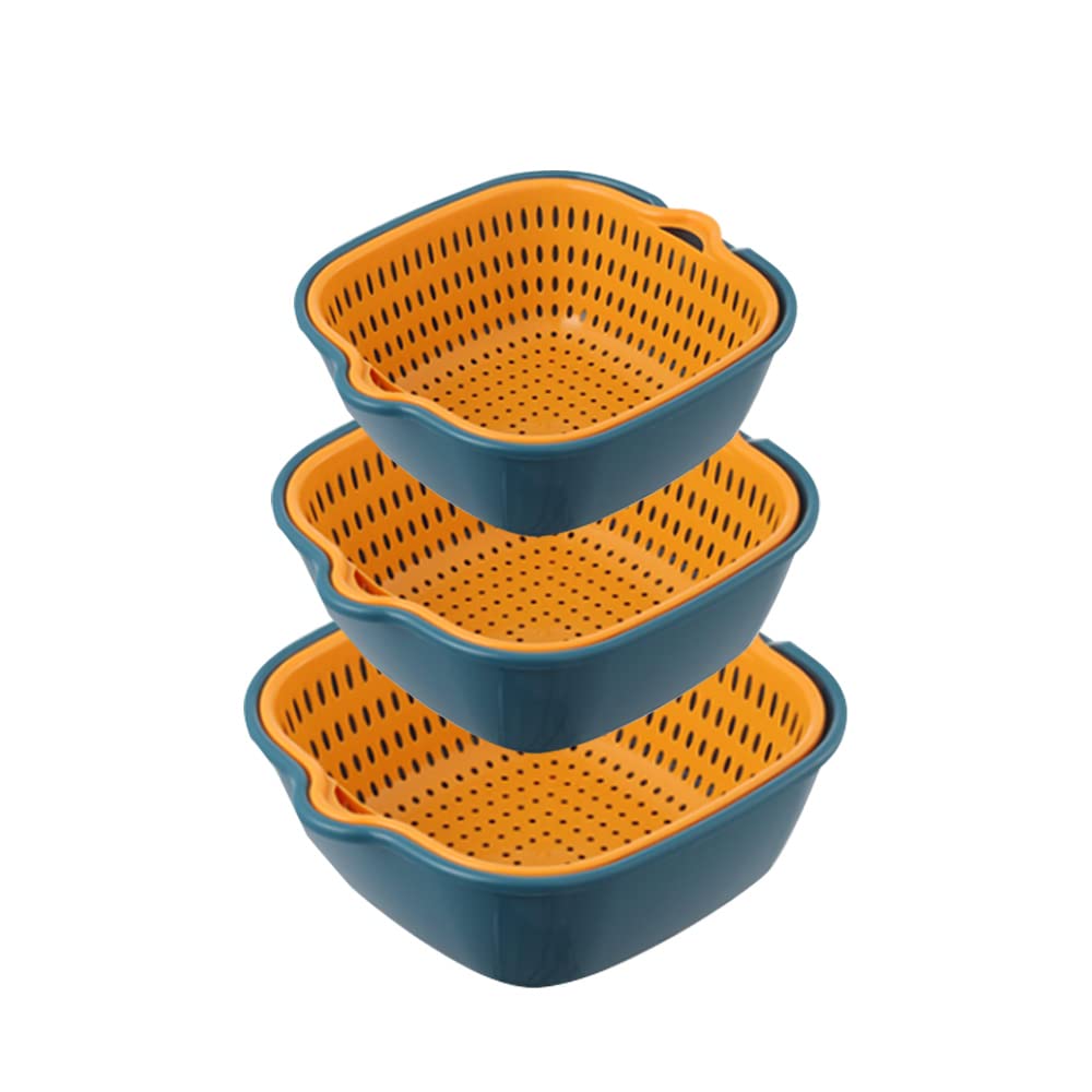 Stackable Multi-Layer Vegetable & Fruit Washing Basket Set - Kitchen Colander Strainer for Washing Produce (Blue & Yellow) - Perfect for Meal Prep, Salad Making & Organizing Fresh Fruits/Veggies