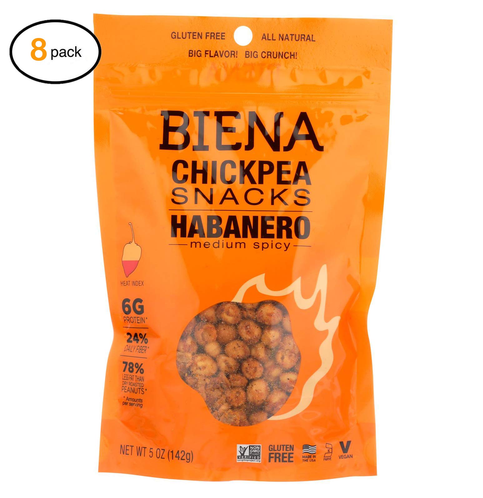 Crunchy Biena Chickpea Snacks - Habanero Flavor - Case of 8 (5 oz Each) - Gluten-Free, Vegan, High Protein Healthy Snacks - Perfect for Office, Gym, School & Road Trips