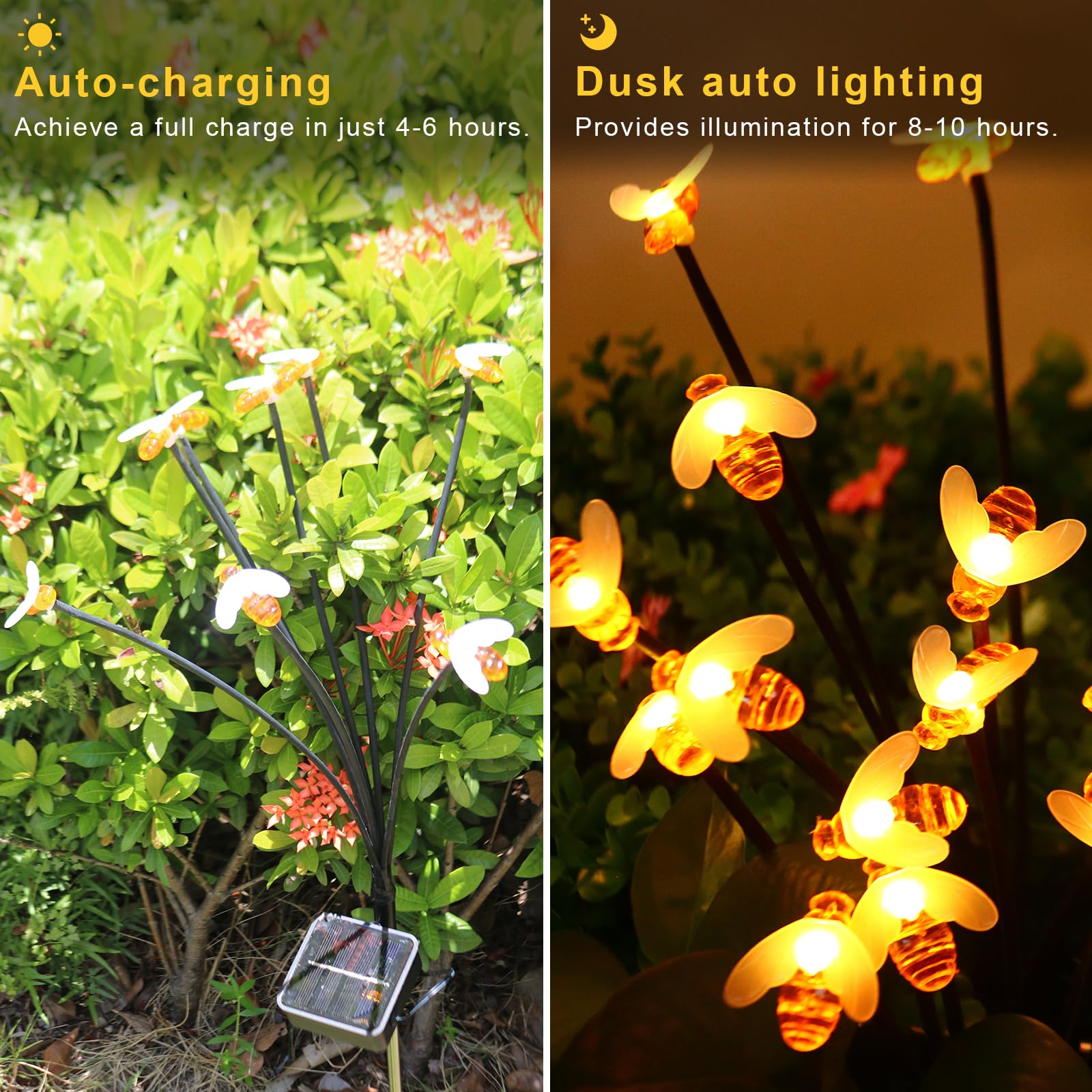 Solar Powered Bee Garden Lights Outdoor Waterproof - 16 LED Solar Bee Fairy Lights (2 Pack) for Patio, Yard, Lawn & Party Decor - 8 Lighting Modes, Warm White - Perfect for Garden Pathways, Backyard Lighting & Outdoor Evening Events