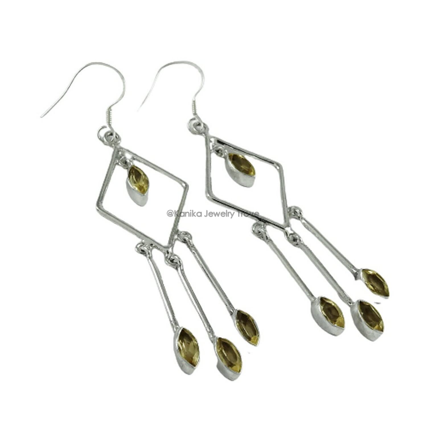 925 Sterling Silver Handmade Dangle Hook Earrings with Rhombus Natural Citrine Gemstone - Elegant Women's Jewelry for Party, Wedding & Everyday Wear