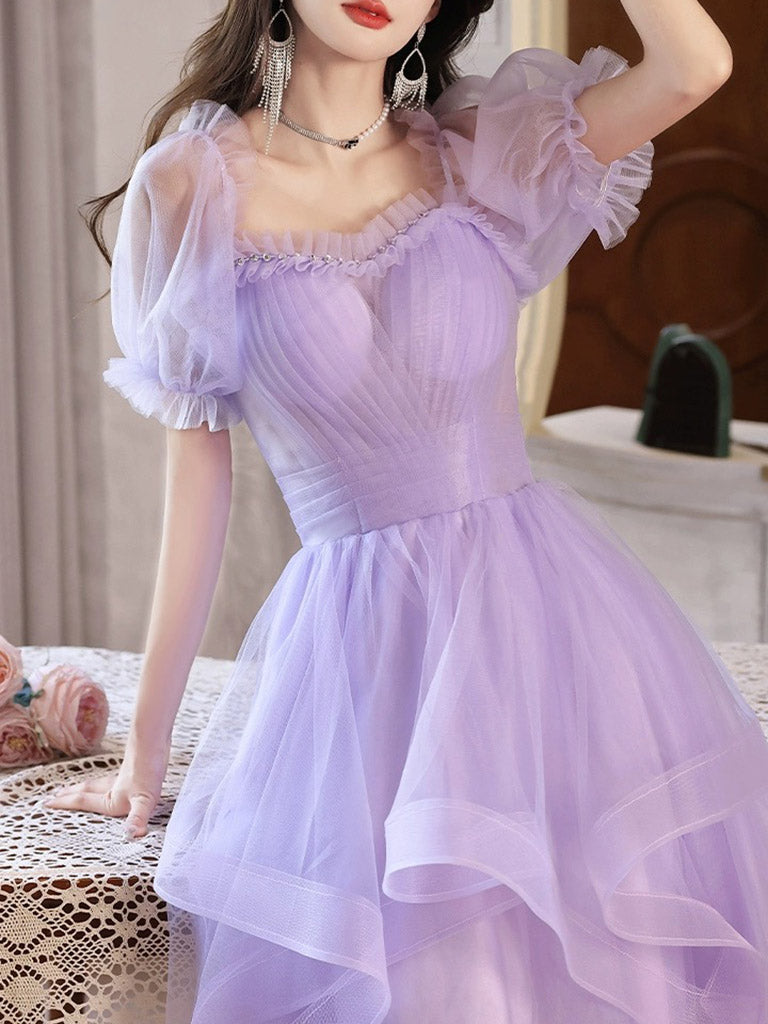 Elegant Purple Tulle Short Prom Dress for Homecoming, Party & Special Occasions | Flattering A-Line Silhouette | Perfect for Dances, Weddings & Formal Events