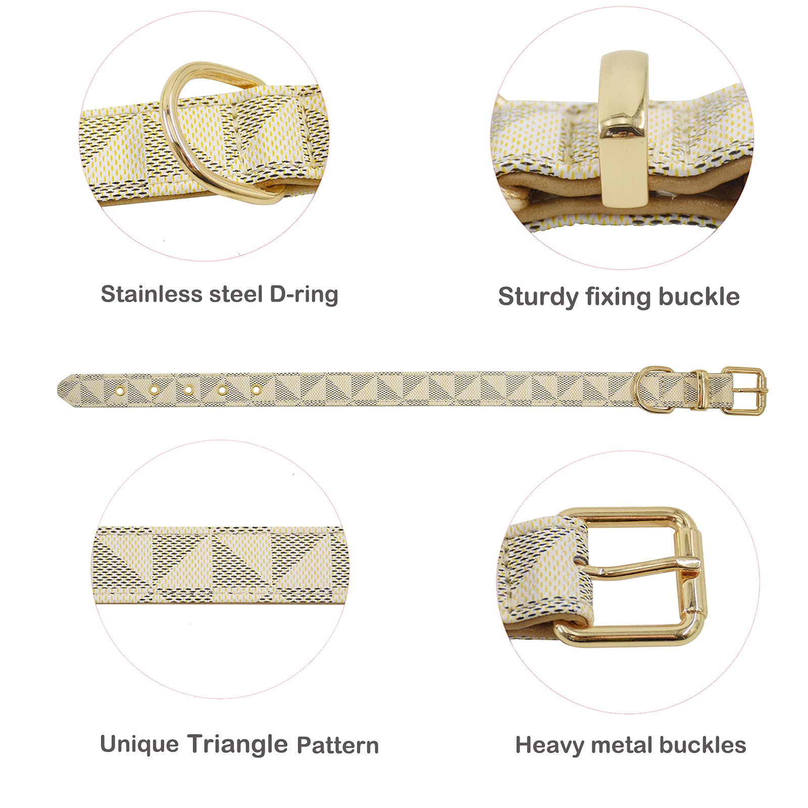 Premium Leather Dog Collar and Leash Set with Check Pattern - Adjustable Metal Buckle for Small, Medium & Large Dogs (White, M 11.8-15IN) - Perfect for Daily Walks, Training & Outdoor Adventures