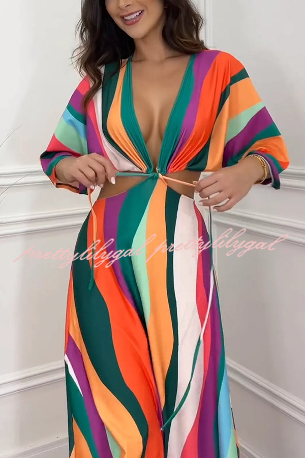 Wilma Unique Print Cutout Elastic Waist Tie Up Kimono Sleeve Maxi Dress - Women's Flowy Summer Beach Cover Up Dress for Vacation, Party & Boho Fashion