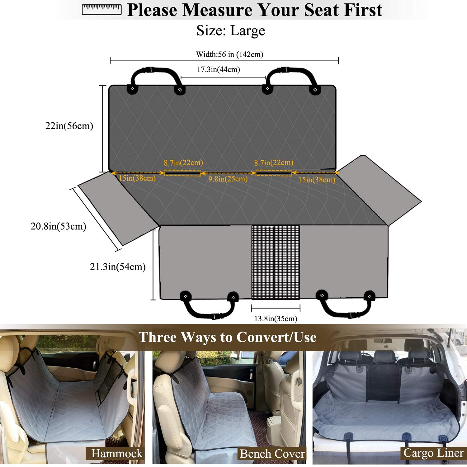 VIVAGLORY Dog Car Seat Cover - Waterproof Pet Hammock with Side Flaps & Mesh Window | Quilted Durable Backseat Protector for Cars, SUVs & Trucks | Universal Fit | Grey | Perfect for Road Trips & Daily Pet Transportation