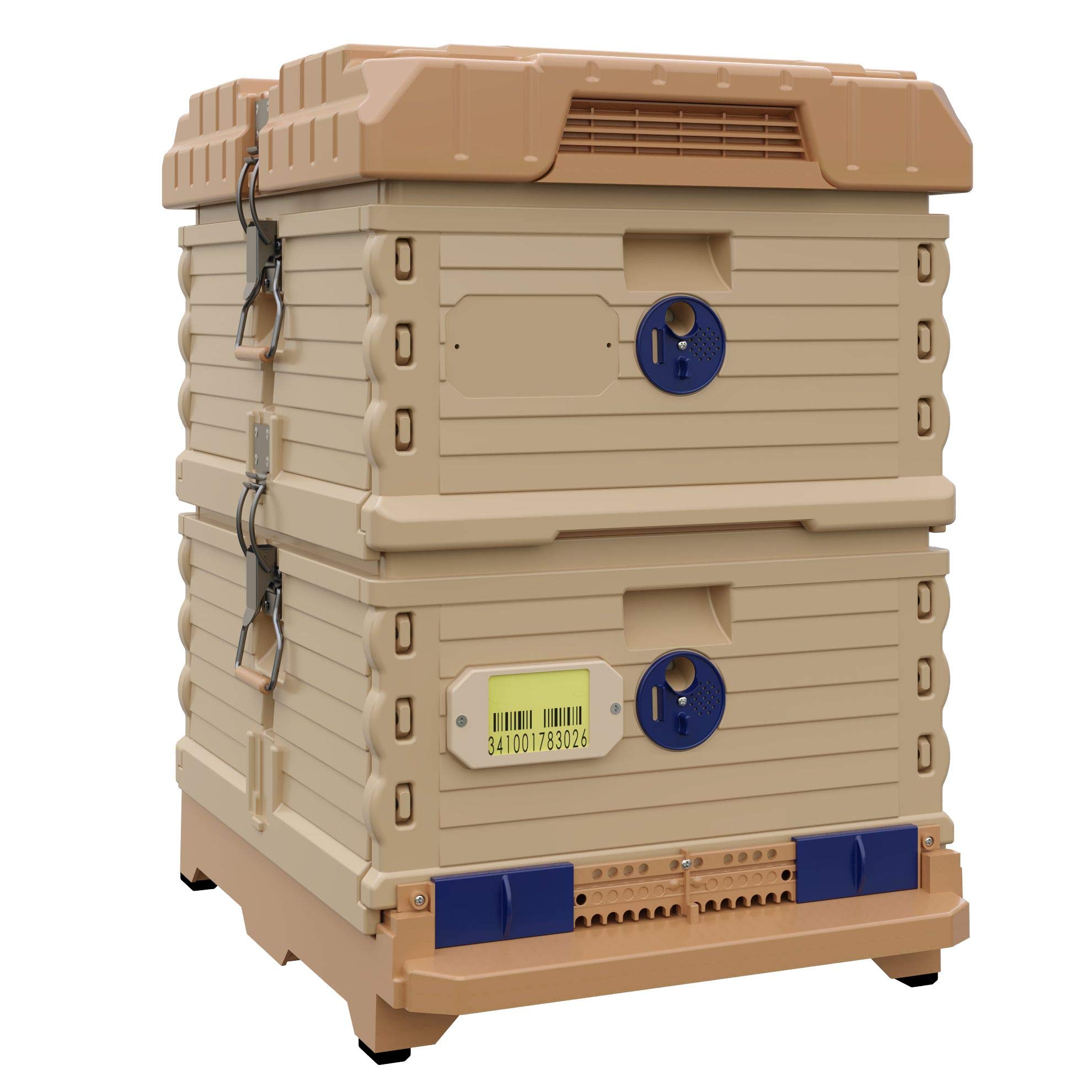 Apimaye Ergo Insulated Bee Hive Set - Double Deep Langstroth Beehive with Tan Body & Blue Entrance (No Frames Included) | Weatherproof & Temperature Control for Beekeeping | Backyard Honey Production & Pollinator Protection