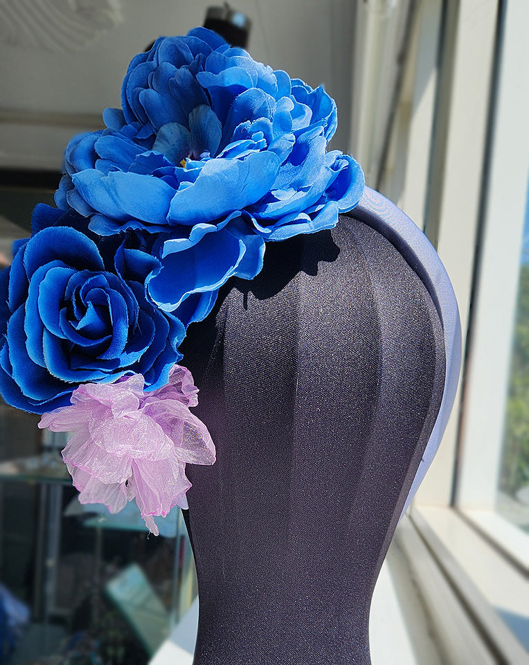 Royal Blue & Lilac Floral Headband - Elegant Race Day Crown & Fascinators by Kitty Lee at Kezani | Perfect for Weddings, Derby Parties & Special Occasions