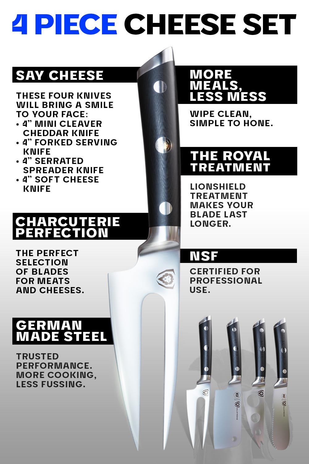 Premium Dalstrong Charcuterie & Cheese Knife Set - 4-Piece Gladiator Series Elite with Mini Cleaver, Serrated, Round-Tip & Forked Knives - G10 Handle for Soft & Hard Cheese - NSF Certified - Perfect for Charcuterie Boards, Cheese Platters & Gourmet Entertaining