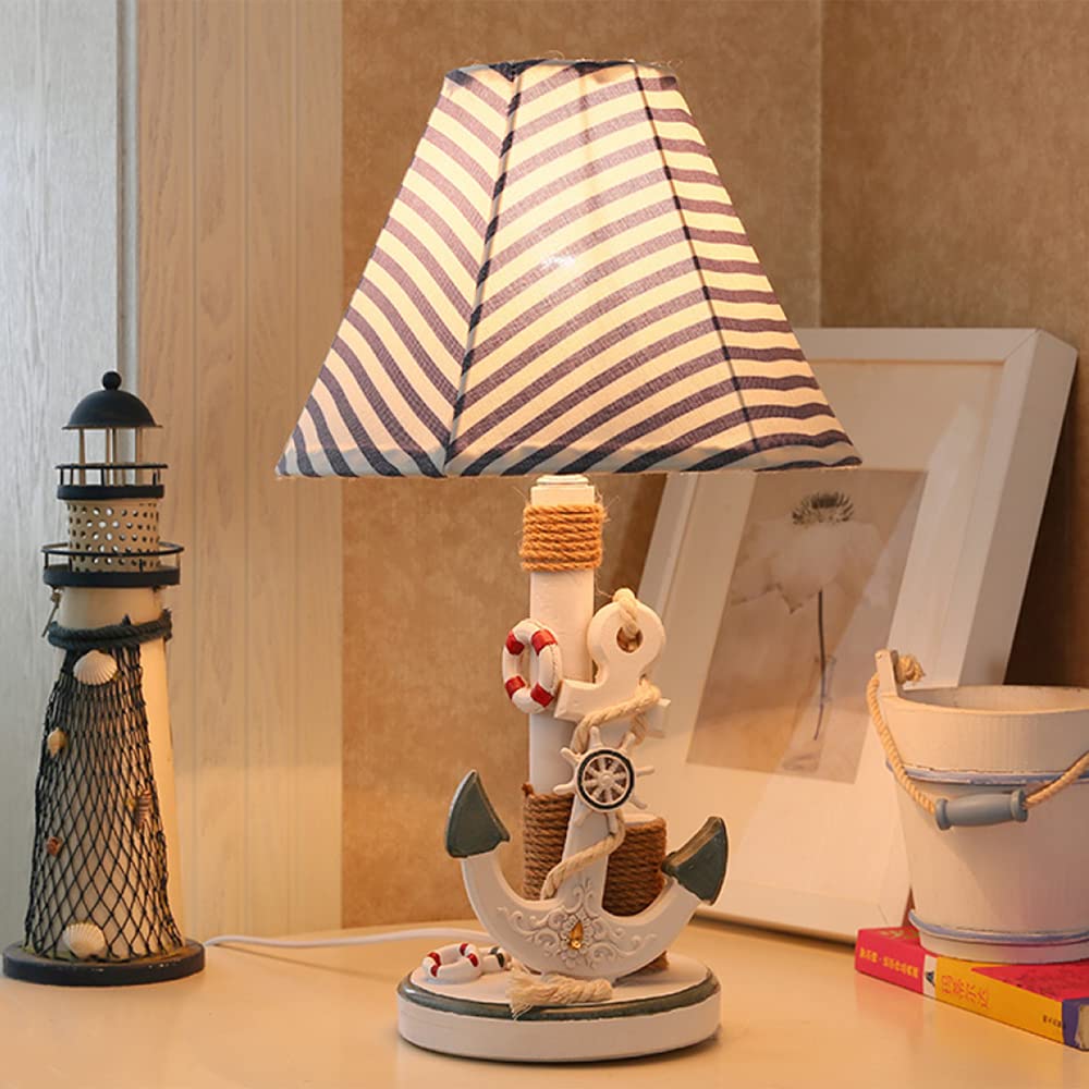 Navy Blue Anchor Table Lamp - Fabric & Resin Nautical Night Light with Rope Reading Light for Bedroom, Living Room, Office | Coastal Decor, Marine Theme Lighting