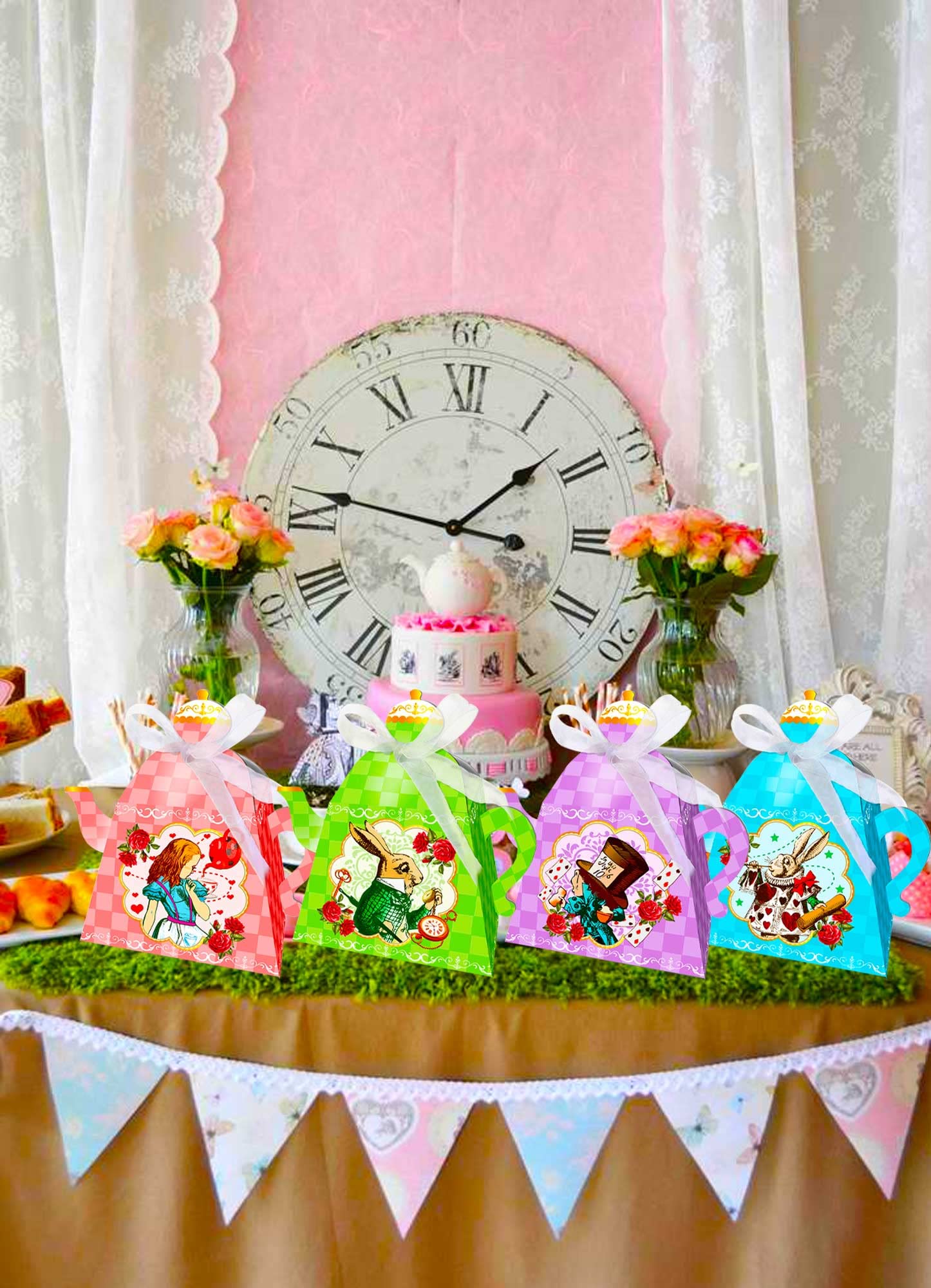 LaVenty 12 PCS Alice in Wonderland Tea Party Favor Bags & Gift Boxes - Whimsical Treat Bags for Birthday Parties, Baby Showers & Themed Events