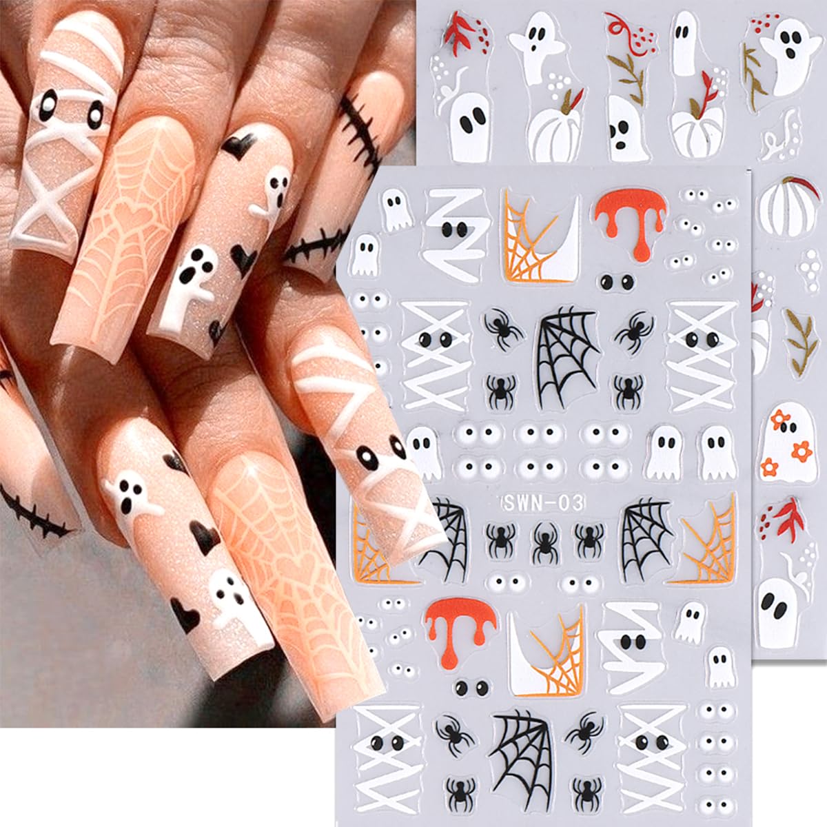 Halloween Nail Stickers - 6 Sheets Cute Ghost, Spider Web, Pumpkin & Mummy Nail Art Decals | Self-Adhesive Nail Designs for Women | DIY Manicure Decorations for Halloween Parties & Costume Events