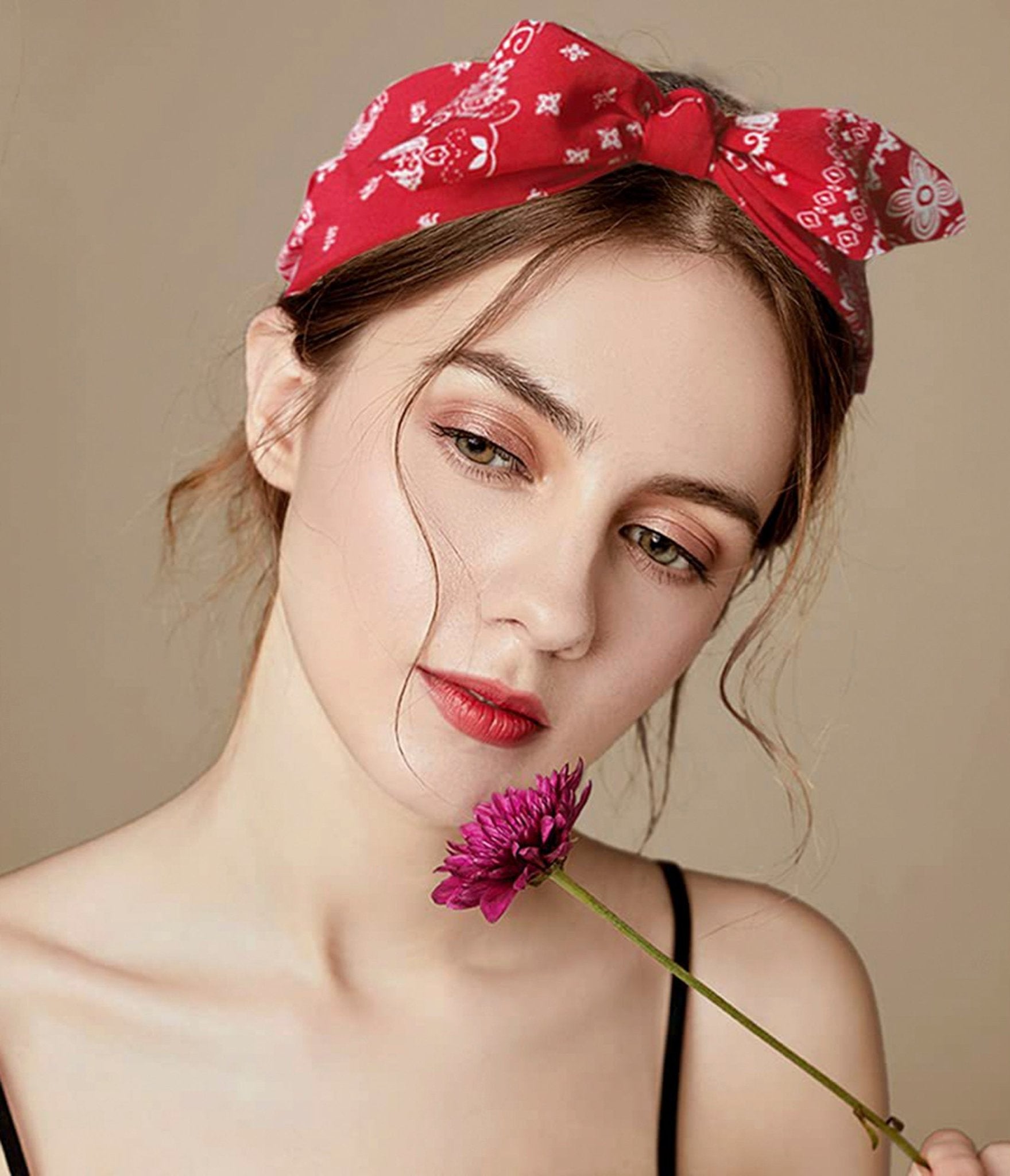 Red & White Cashew Nut Flower Wide Headband for Women - Boho Hair Accessories for Weddings, Parties & Festivals - Adjustable Stretchy Head Wrap for Long Hair