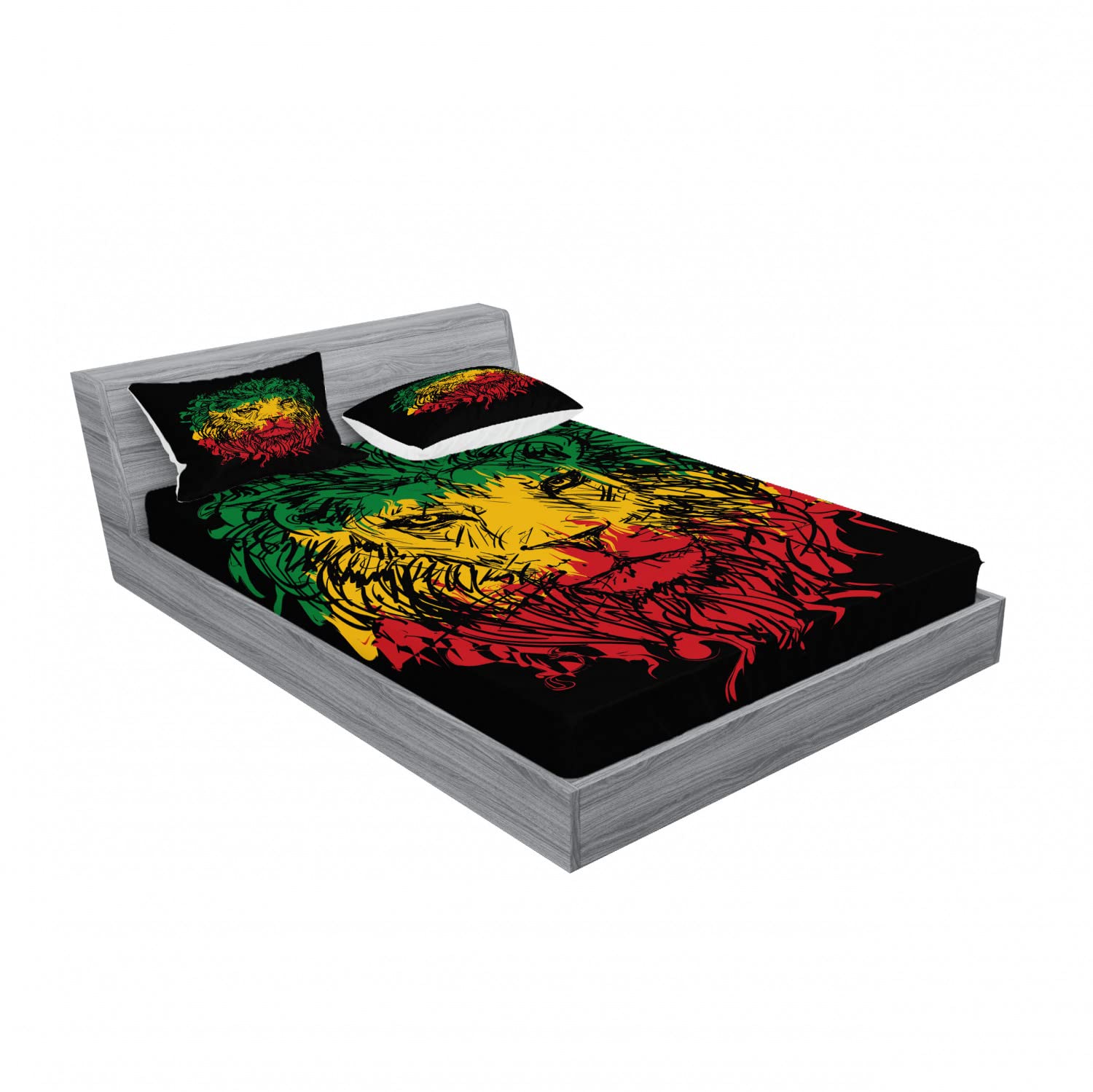 Ambesonne Rasta 2-Piece King Size Fitted Sheet Set with 4 Pillowcases - Grunge Lion Head Portrait Design in Pale Green & Yellow | Bohemian Bedding Decor for Dorm, Guest Room & Hippie Style Bedroom