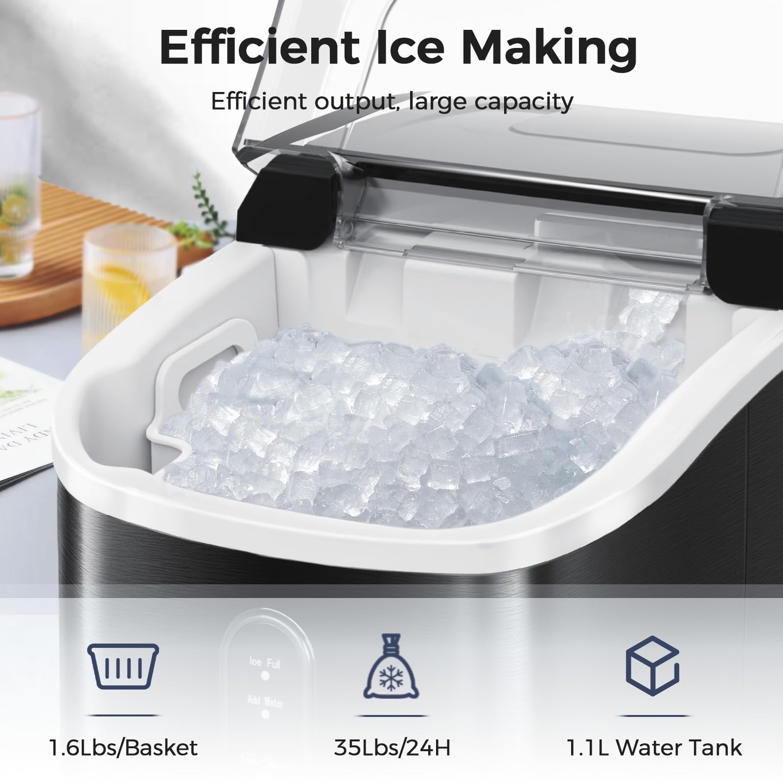 AGLUCKY Countertop Nugget Ice Maker Machine - 35Lbs/24H Portable Pebble Ice Maker with Soft Chewable Ice, One-Click Operation & Self-Cleaning Function, Stainless Steel Black - Perfect for Home Kitchen, Office, Parties & Outdoor Activities