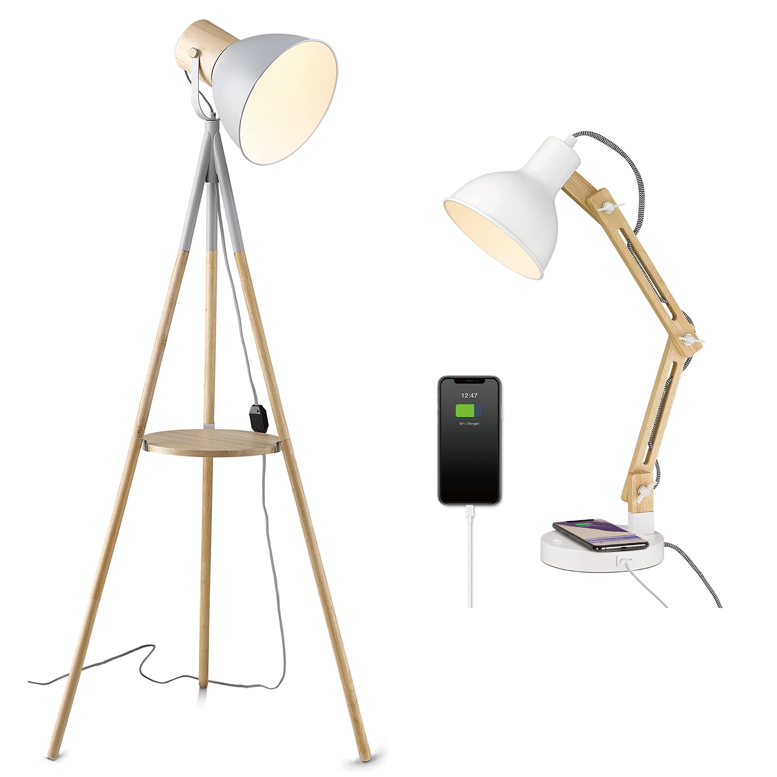 ELYONA Adjustable Dimmable Floor Lamp with Side Table - Wooden Bedside Desk Lamp with USB Charging Port & Wireless Charger, Swing Arm Reading Light for Bedroom, Office, Living Room - Perfect for Night Reading, Home Office Work and Cozy Lighting