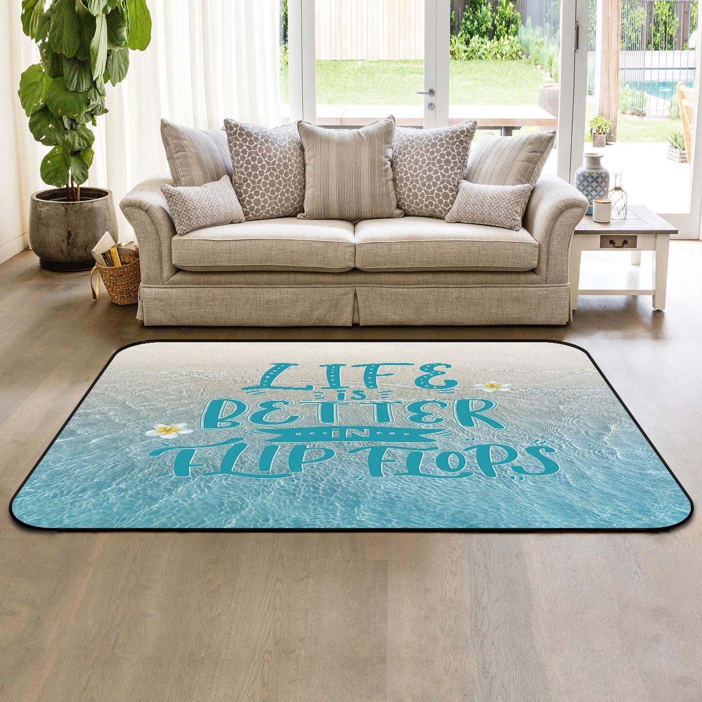 5' x 8' Large Area Rugs - Flip Flop Beach Theme with Frangipane Flowers, Modern Nursery Rug for Kids & Children, Soft Indoor/Outdoor Carpet for Living Room, Bedroom, Patio - Perfect for Coastal Decor and Summer Home Styling