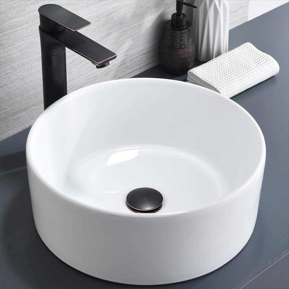 BoomHoze Round Porcelain Vessel Sink and ORB Faucet Combo - Above Counter Ceramic Bathroom Vanity Art Wash Basin with Pop Up Drain - Perfect for Modern Bathroom Renovation and Spa-Style Home Decor