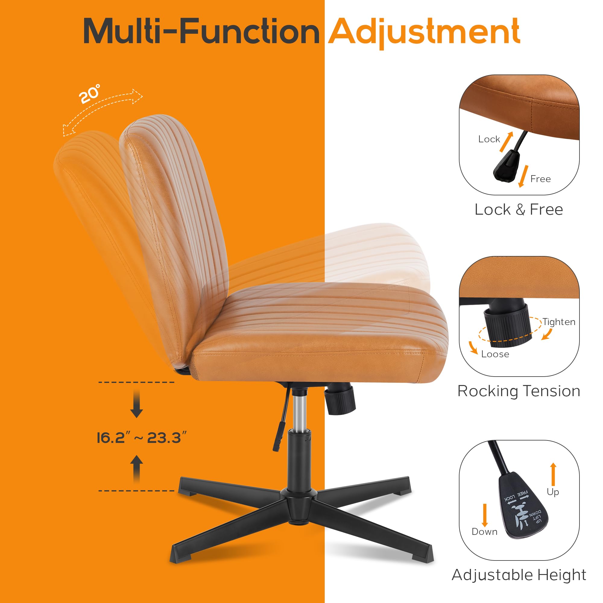 DUMOS Criss Cross Chair - Armless Office Desk Chair with Adjustable Height, No Wheels, Comfortable Task Seating for Home & Office - Perfect for Computer Work, Vanity Desk, and Study Areas