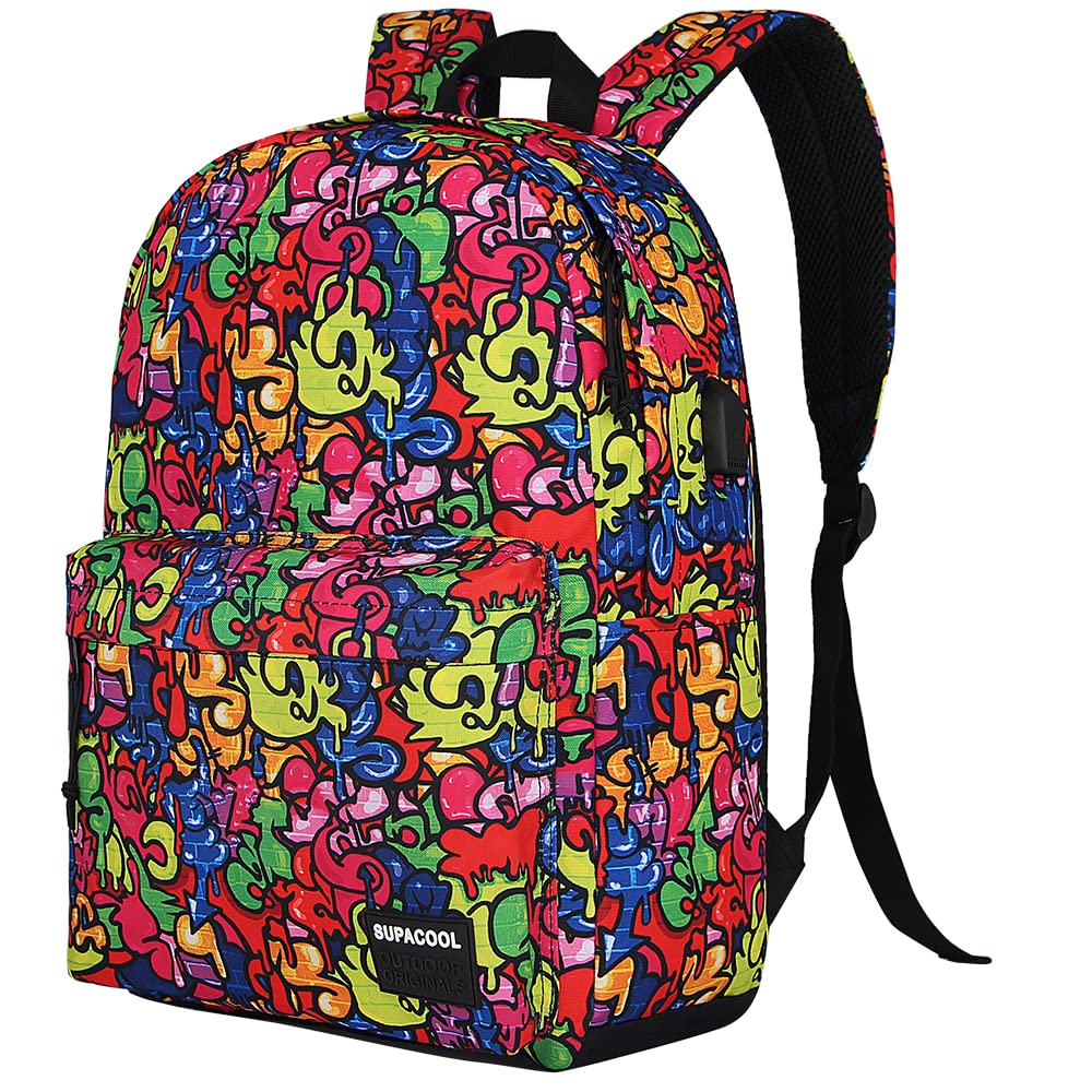 SUPACOOL USB Charging Laptop Backpack - Lightweight College Bag for Men & Women, Graffiti Design - Perfect for Work & Travel