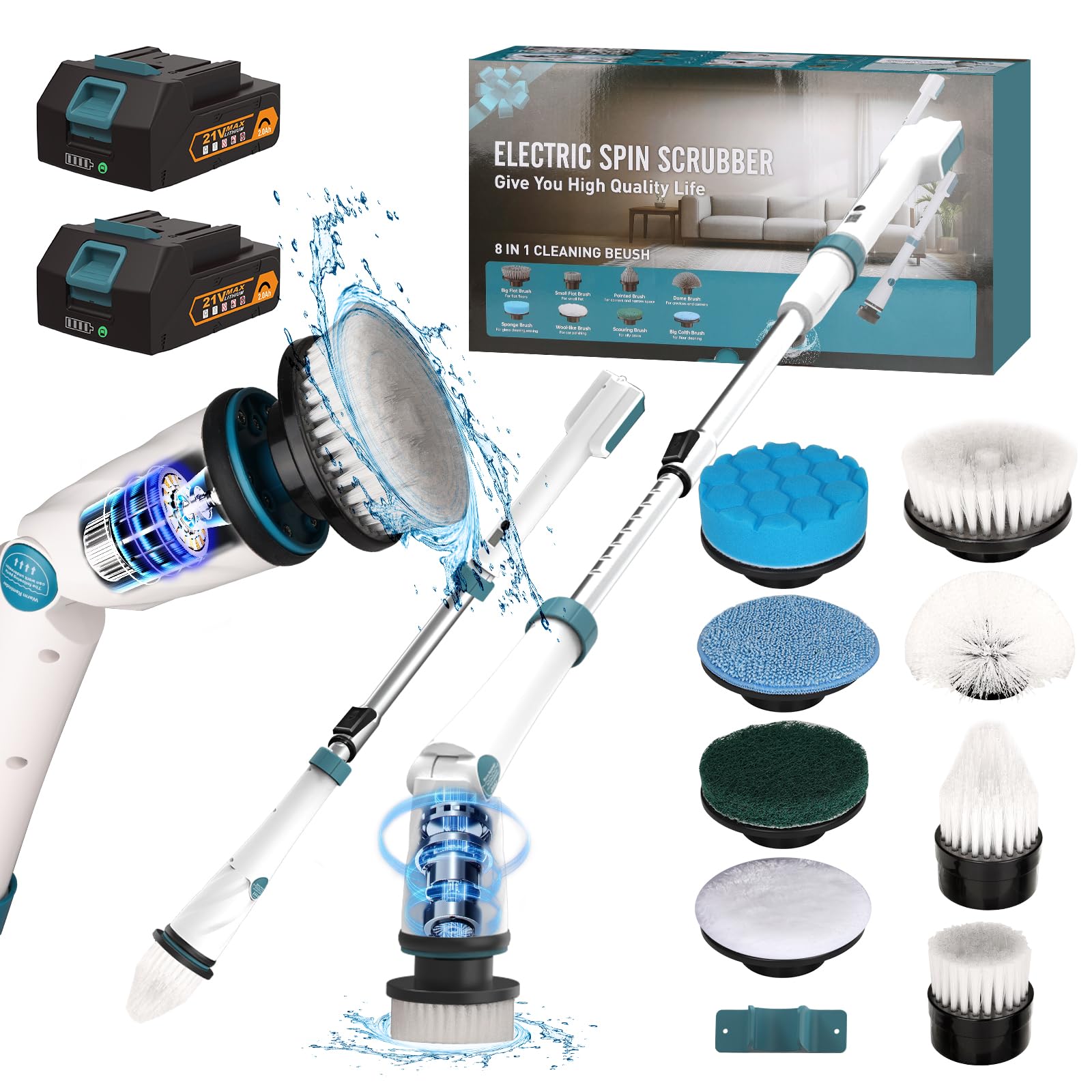 BHY Cordless Electric Spin Scrubber - 1200RPM Power Shower Cleaner with 2 Batteries & Charger, 8 Replacement Brush Heads & 3 Adjustable Handles for Bathroom, Tub, Tile and Floor Cleaning - Perfect for Deep Cleaning Showers, Bathtubs, Grout Lines and Hard-to-Reach Areas