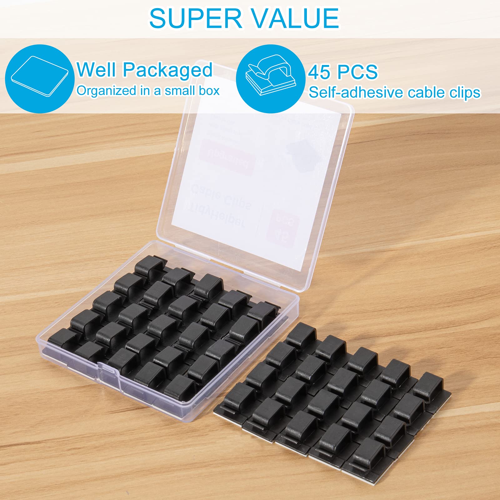 45-Pack Black Adhesive Cable Clips - Heavy Duty Wire Organizers for Desk, Wall & Car - Secure Extension Cords, Ethernet & TV Coax Cables - Perfect for Home Office, Gaming Setup & Vehicle Wiring Management