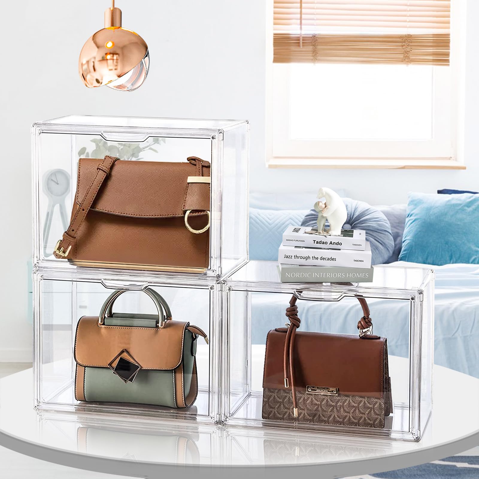 DILIBRA 4-Pack Clear Plastic Handbag Storage Organizers - Stackable Acrylic Display Box with Magnetic Door for Purse, Clutch, Wallet, Book & Hat Organization | Perfect for Closet, Bedroom & Retail Store Display