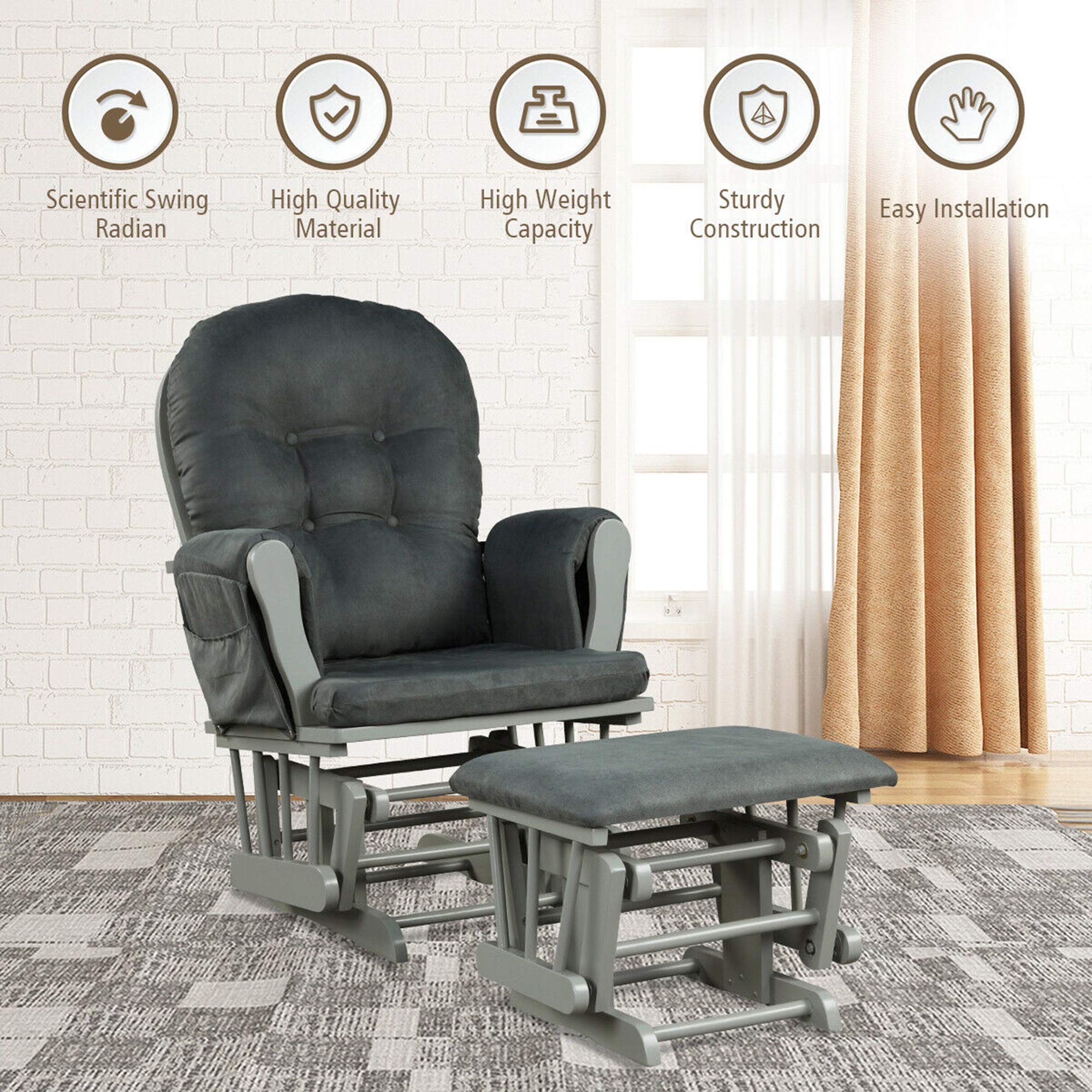 DORTALA Baby Glider Rocker with Ottoman - Adjustable Nursery Chair for Nursing, Feeding & Reading - Soft Upholstered Rocking Chair with Smooth Motion & Removable Washable Cover - Perfect for Nursery, Bedroom & Living Room (Grey)