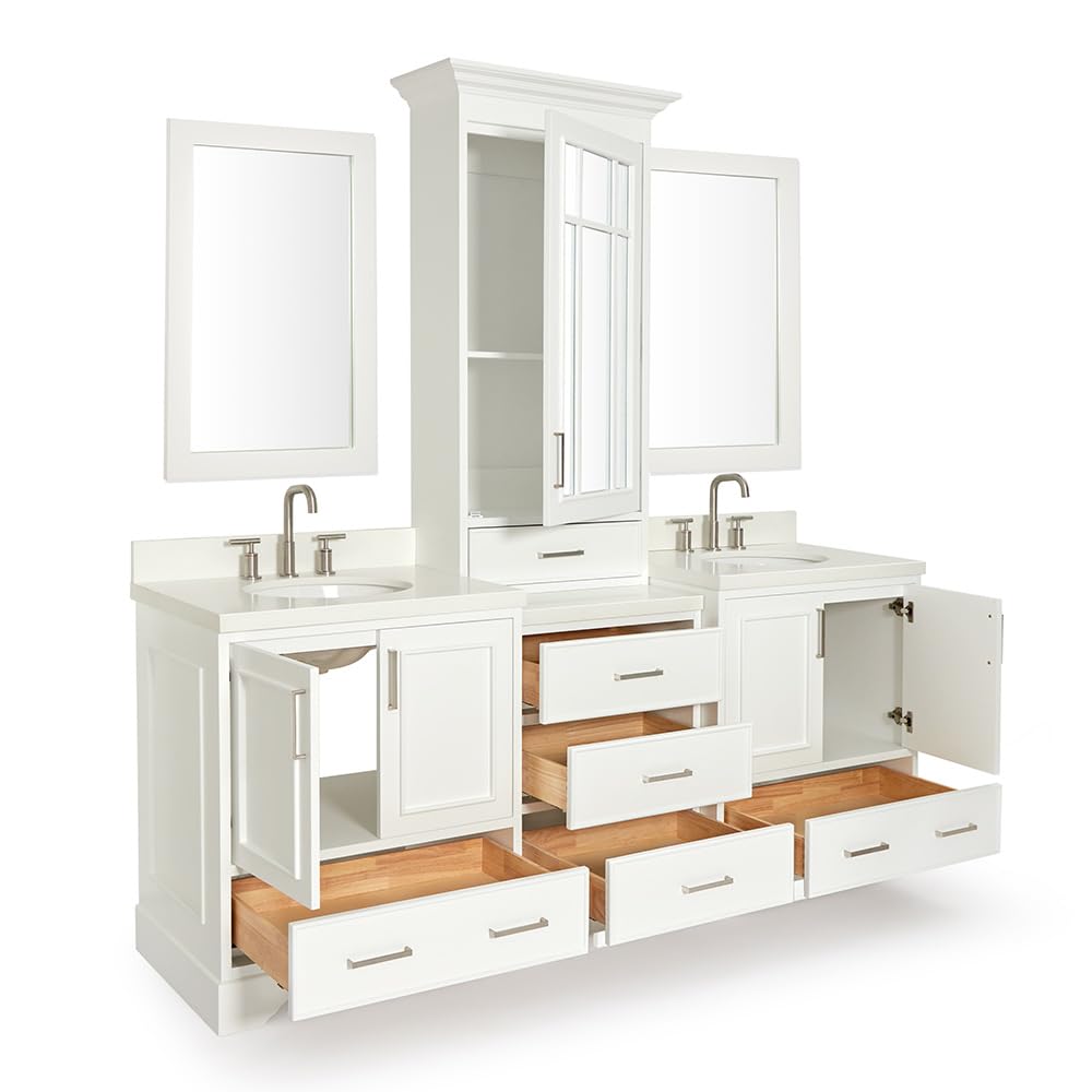 ARIEL White Double Sink Bathroom Vanity Set with Pure White Quartz Countertop - 5 Soft Closing Doors & 6 Full Extension Dovetail Drawers | Perfect for Master Bathroom Renovation and Modern Home Upgrade