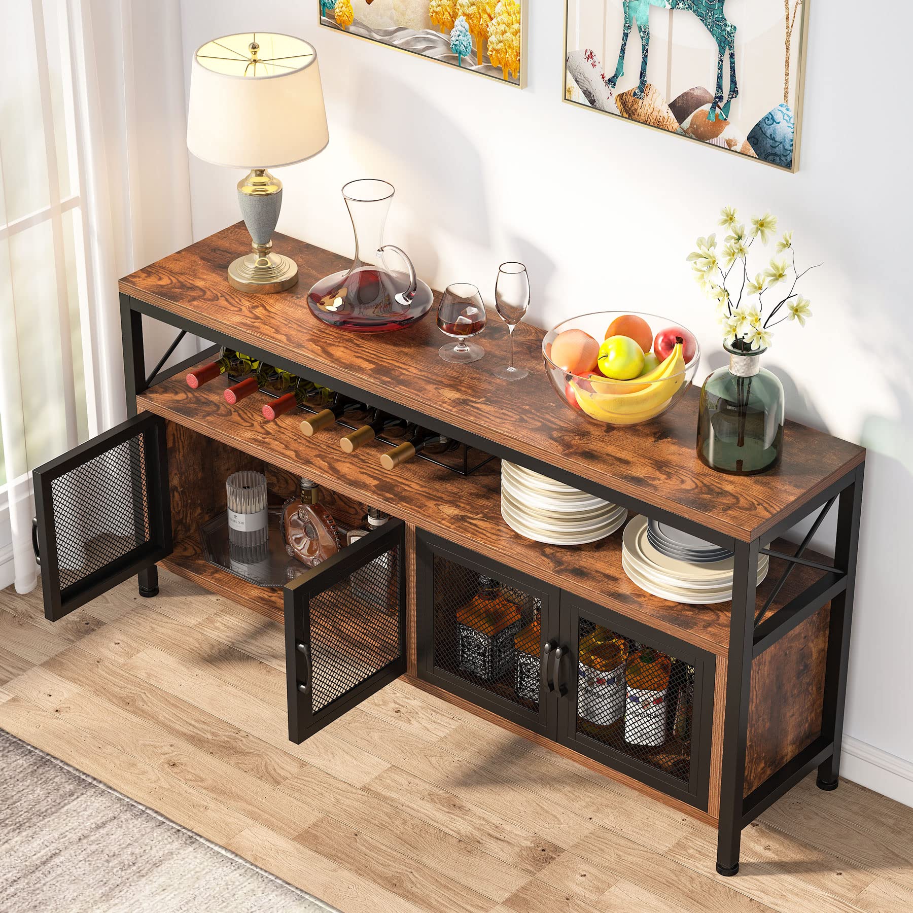 Tribesigns Farmhouse Buffet Table - Wooden Sideboard Cabinet with 4 Mesh Doors & Open Shelf Storage - Rustic Kitchen Buffet for Dining Room, Bar Cabinet for Home Decor & Entertaining
