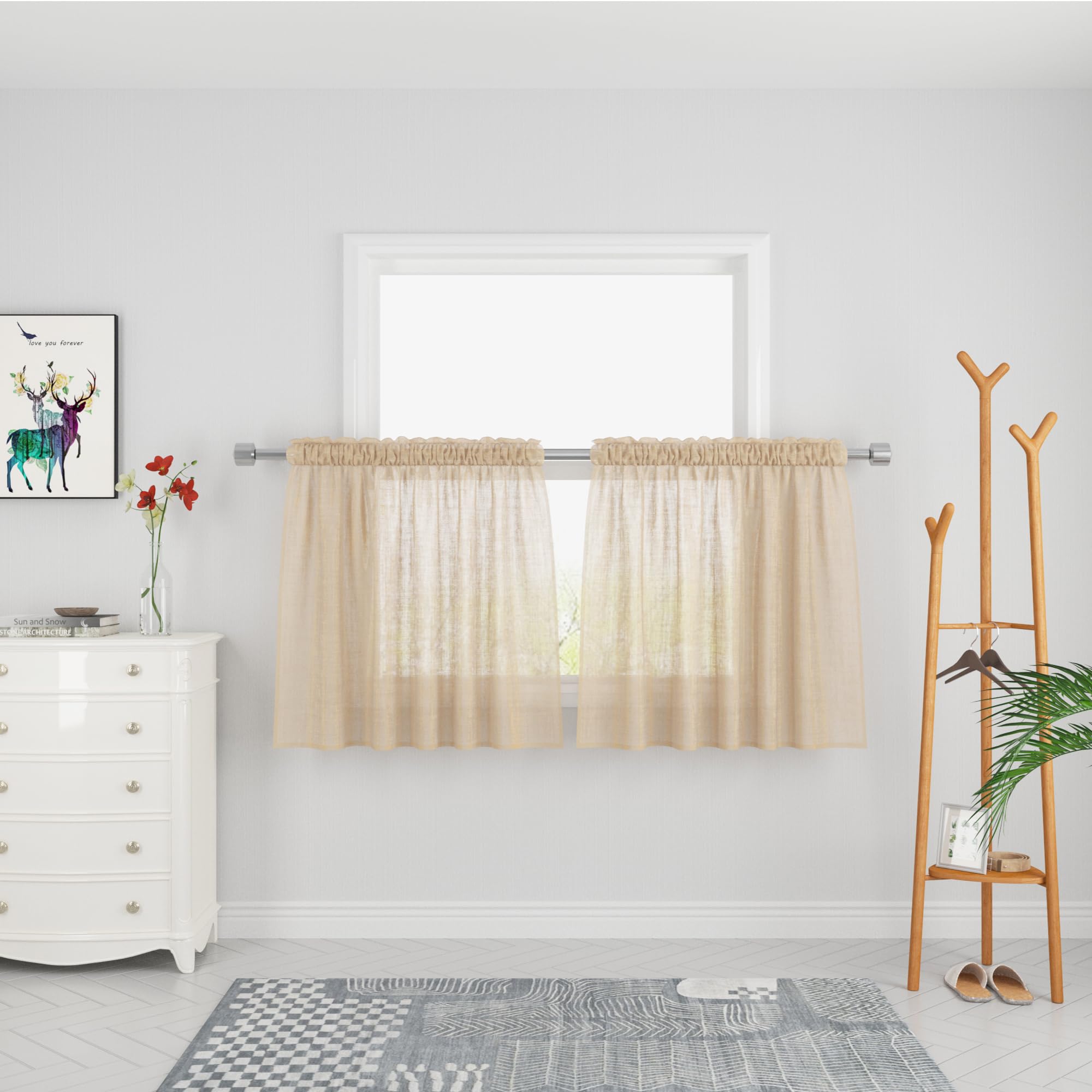 Beige Sheer Curtain Panels 24 Inch - Linen Textured Voile Cafe Curtains for Kitchen, Bathroom, Basement & Cabinet - 2 Panels with Rod Pocket - Perfect for Small Windows, Half Windows & Mini Doors