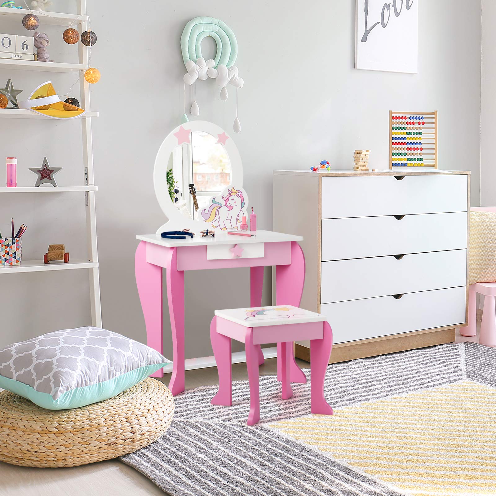 **Pink Princess Vanity Set for Toddler Girls - Kids Makeup Table with Stool, Detachable Mirror & Storage Drawer - Pretend Play Dressing & Makeup Toy for Birthday Gifts & Room Decor**
