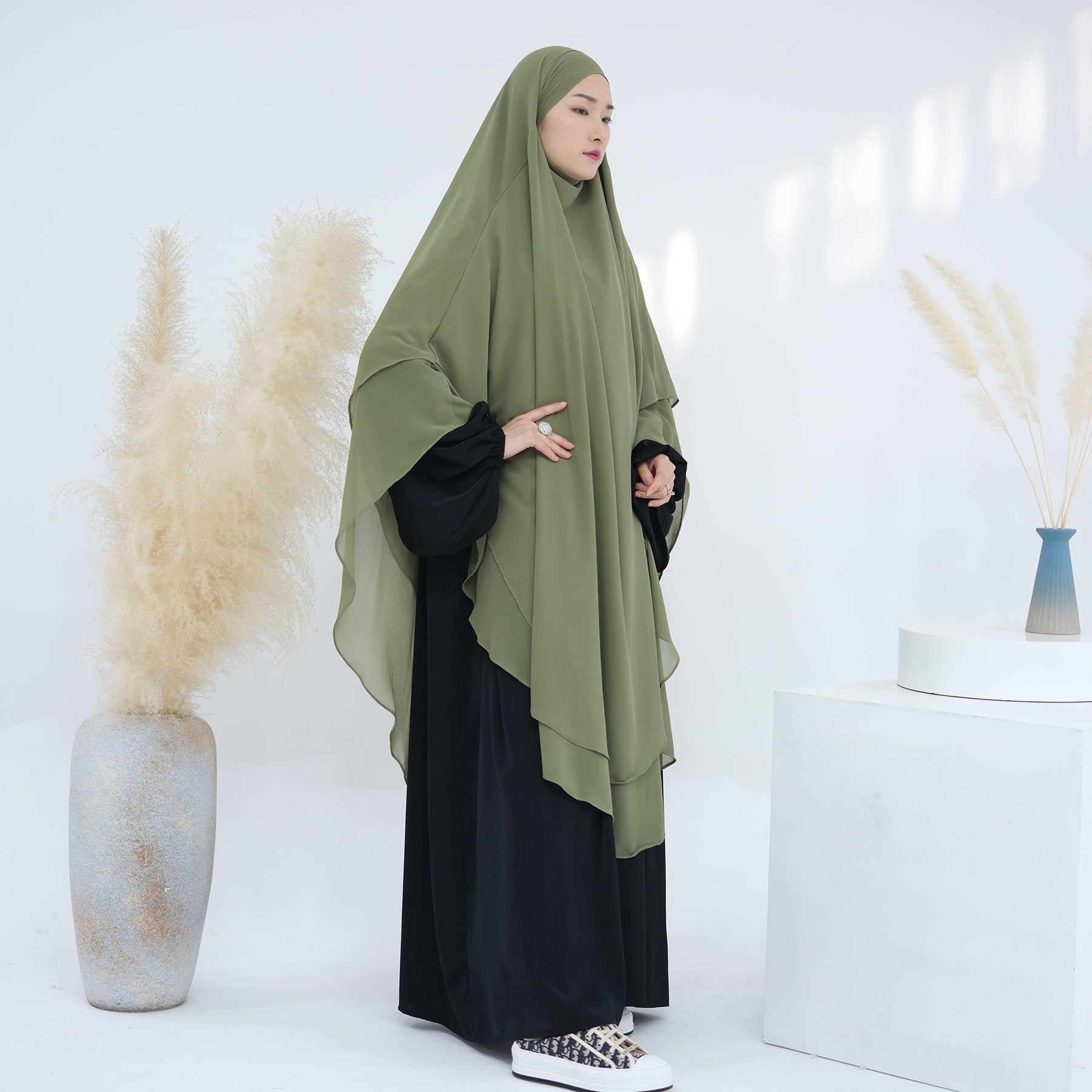 2 Layer Maxi Chiffon Khimar - Moss Green Islamic Prayer Dress for Women | Modest Muslim Abaya Cover | Perfect for Prayer, Mosque & Special Occasions
