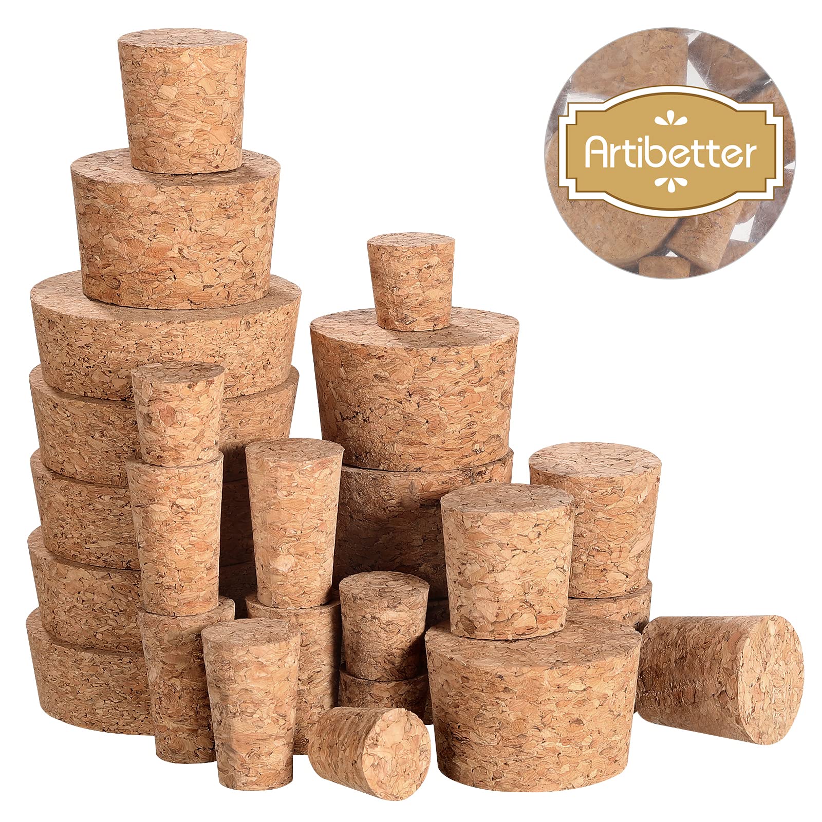 ARTIBETTER 25pcs Natural Wood Tapered Cork Stoppers - Premium Wine Bottle Corks Replacement for Bar, Home & Restaurant Use - Perfect for Sealing Wine, Olive Oil & DIY Craft Bottles