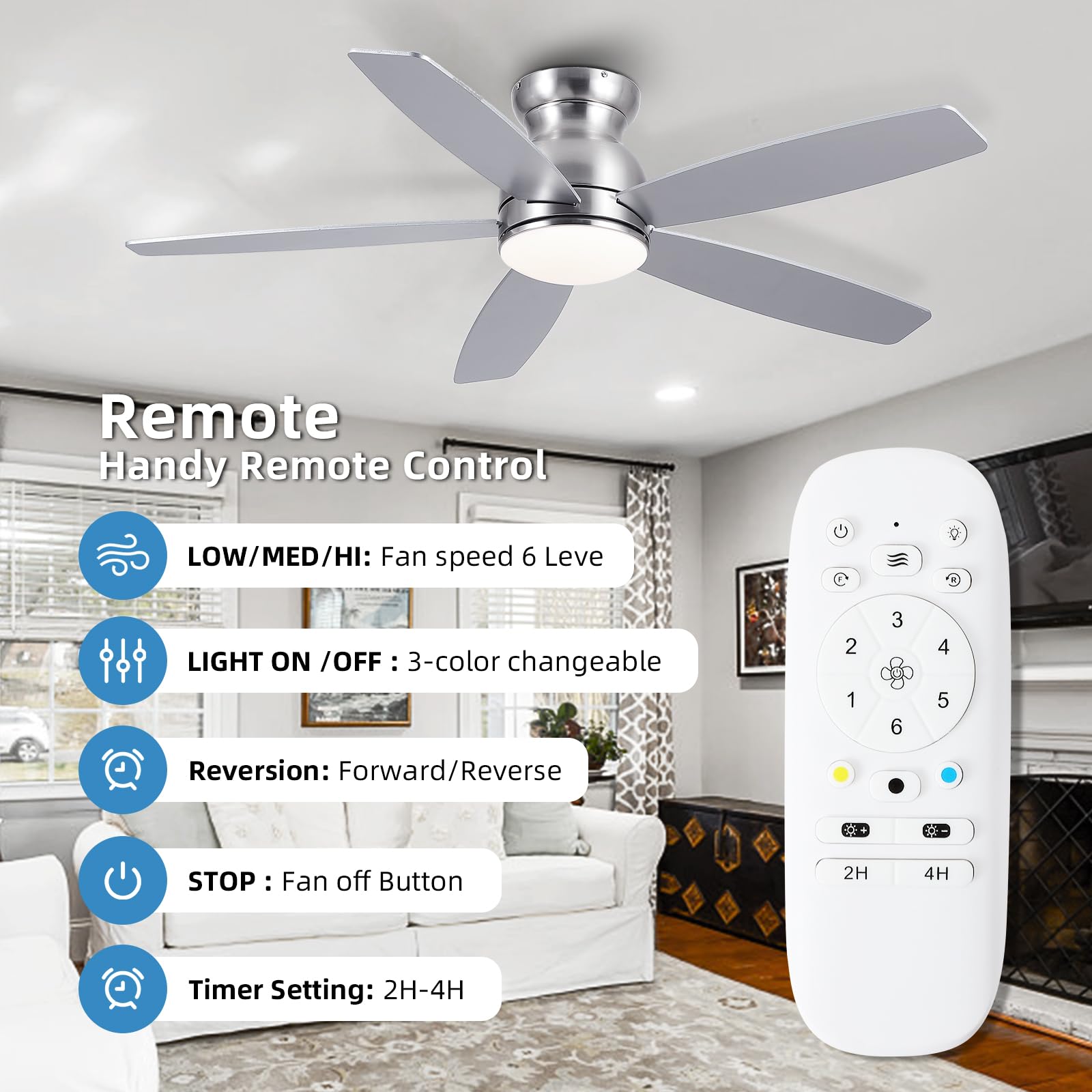 52 Inch Low Profile Ceiling Fan with Light and Remote - Flush Mount DC Motor, 3 Color Dimmable LED, Reversible Modern Design for Living Room, Kitchen, Bedroom - Perfect for Small Spaces and Energy-Efficient Home Cooling