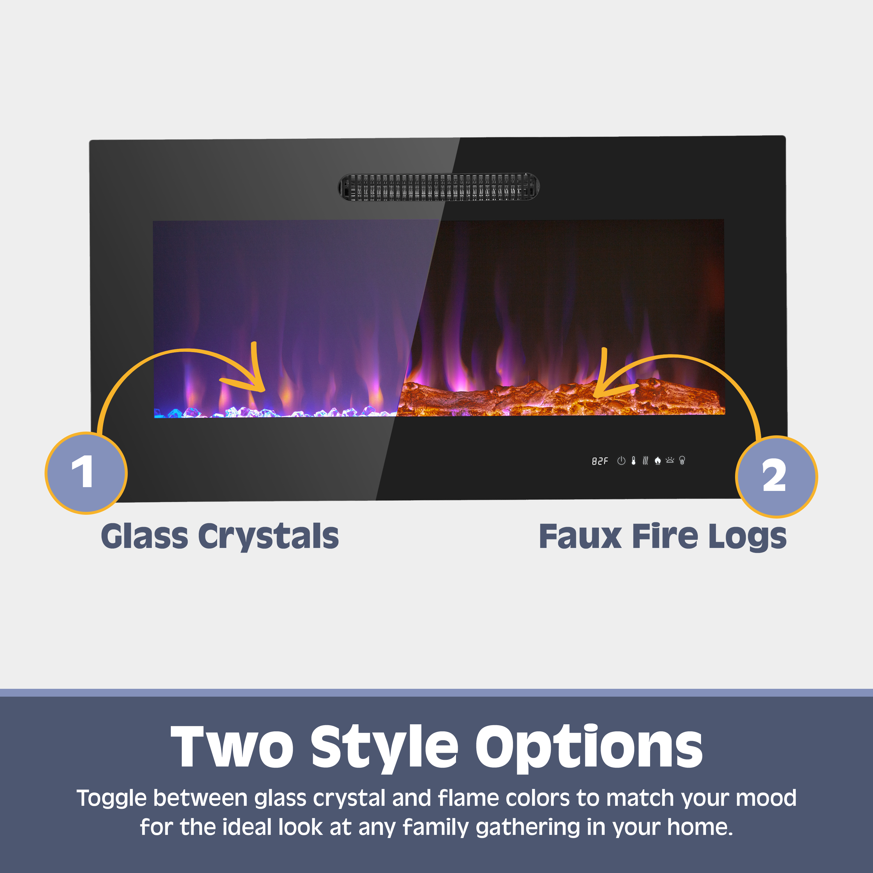 36 Inch LED Slim Electric Fireplace Insert - Wall Mounted Fireplace with 1500W Heater, Adjustable Realistic Flame, Remote Control (Log & Crystal Ember Options) - Perfect for Living Room, Bedroom & Office Heating & Decor