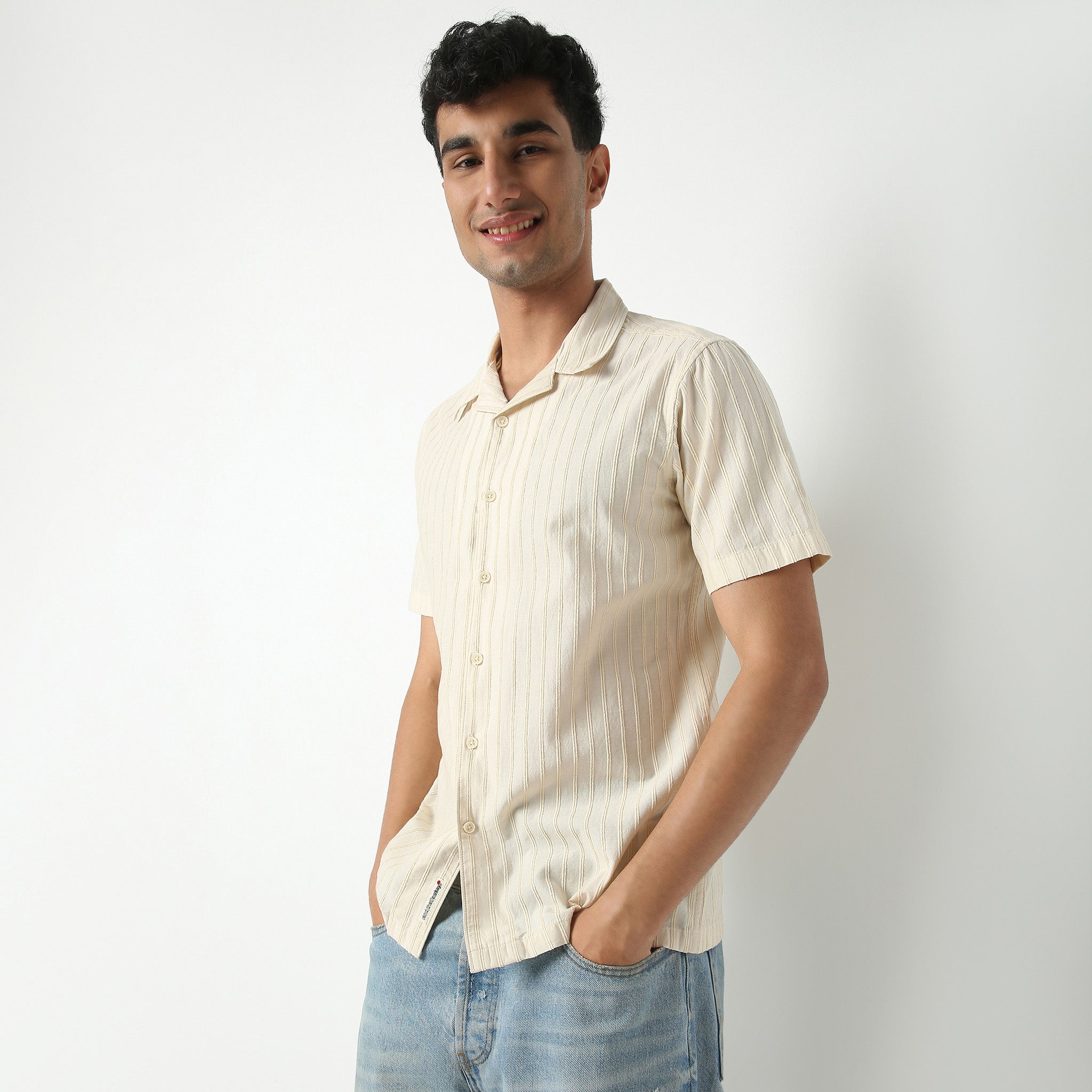 BAE Shirt Men's Camp Collar Half Sleeve Striped Casual Button Down Shirt - Perfect for Summer Outings, Beach Vacations & Casual Wear
