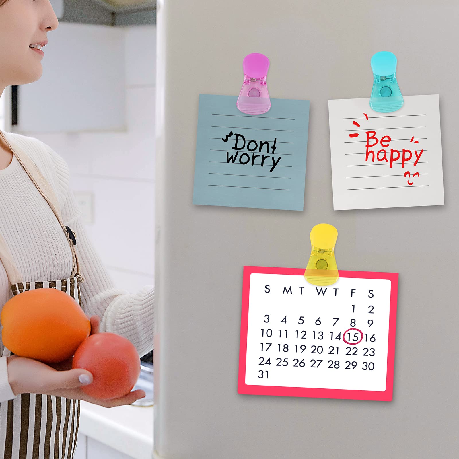 Multipurpose Plastic Refrigerator Magnet Clips Set - 6 Pack Neon Color Magnetic Paper Clips & Snack Bag Clips for Kitchen, Office & School Organization