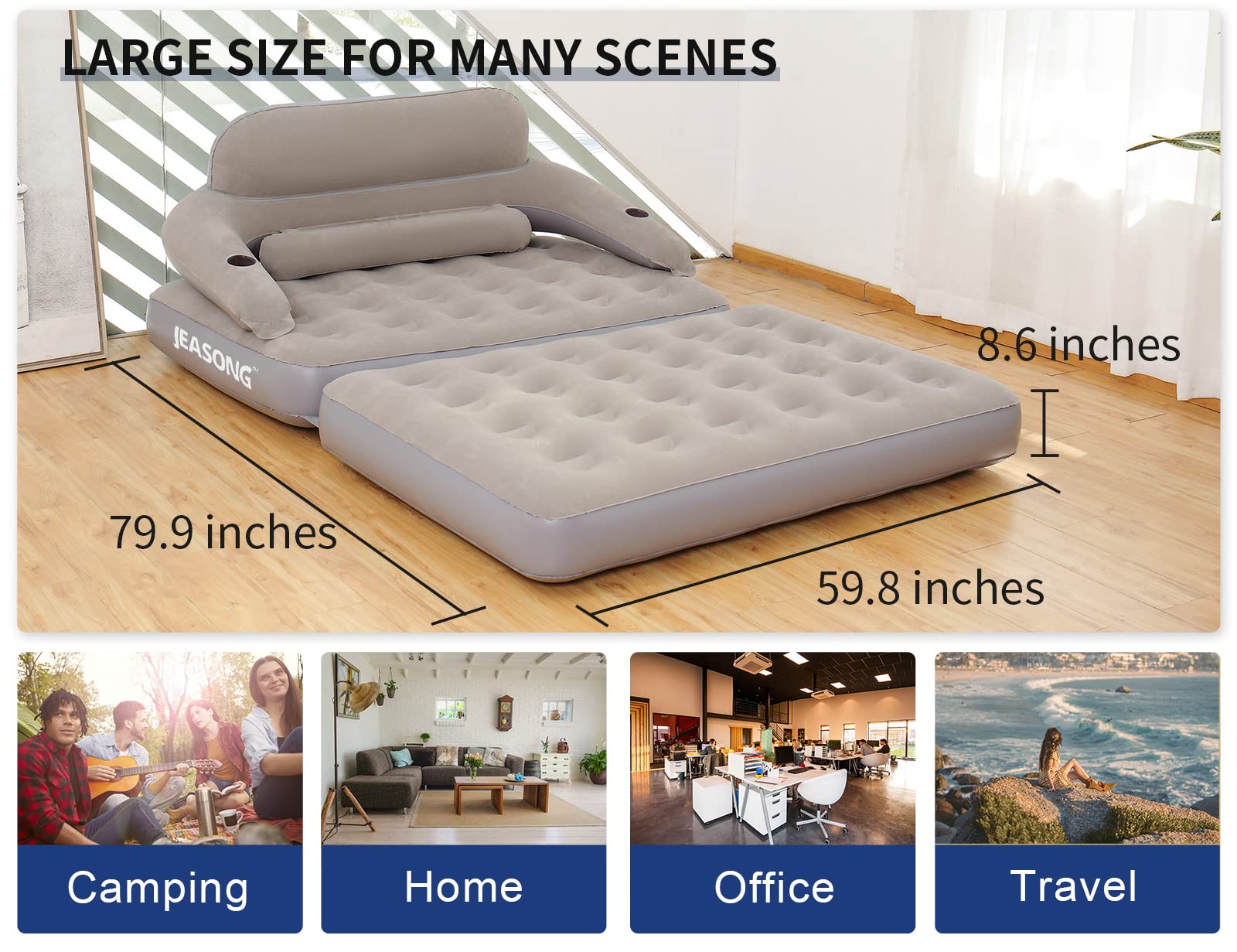 **JEASONG Inflatable Chair Air Couch with Pump - Portable Camping Air Mattress & Sofa Bed with Backrest - Multi-Mode Use for Indoor, Outdoor, Beach & Travel - Compact & Easy to Store**