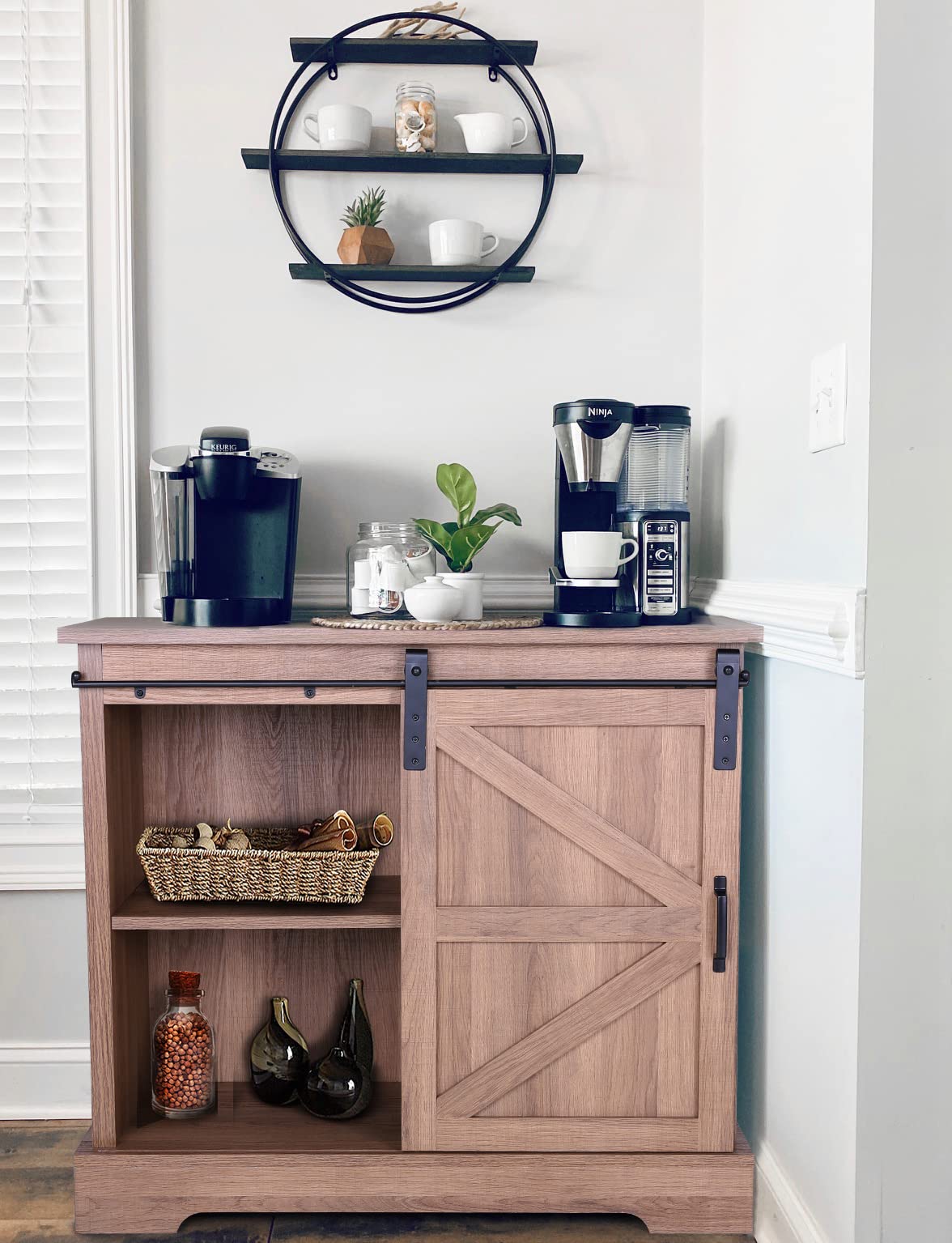 MAISON ARTS Farmhouse Style Sideboard Buffet Cabinet with Sliding Barn Door - Rustic Brown Oak Storage Cabinet for Kitchen, Dining Room & Living Room | Perfect as Coffee Bar, Kitchen Organizer & Home Decor
