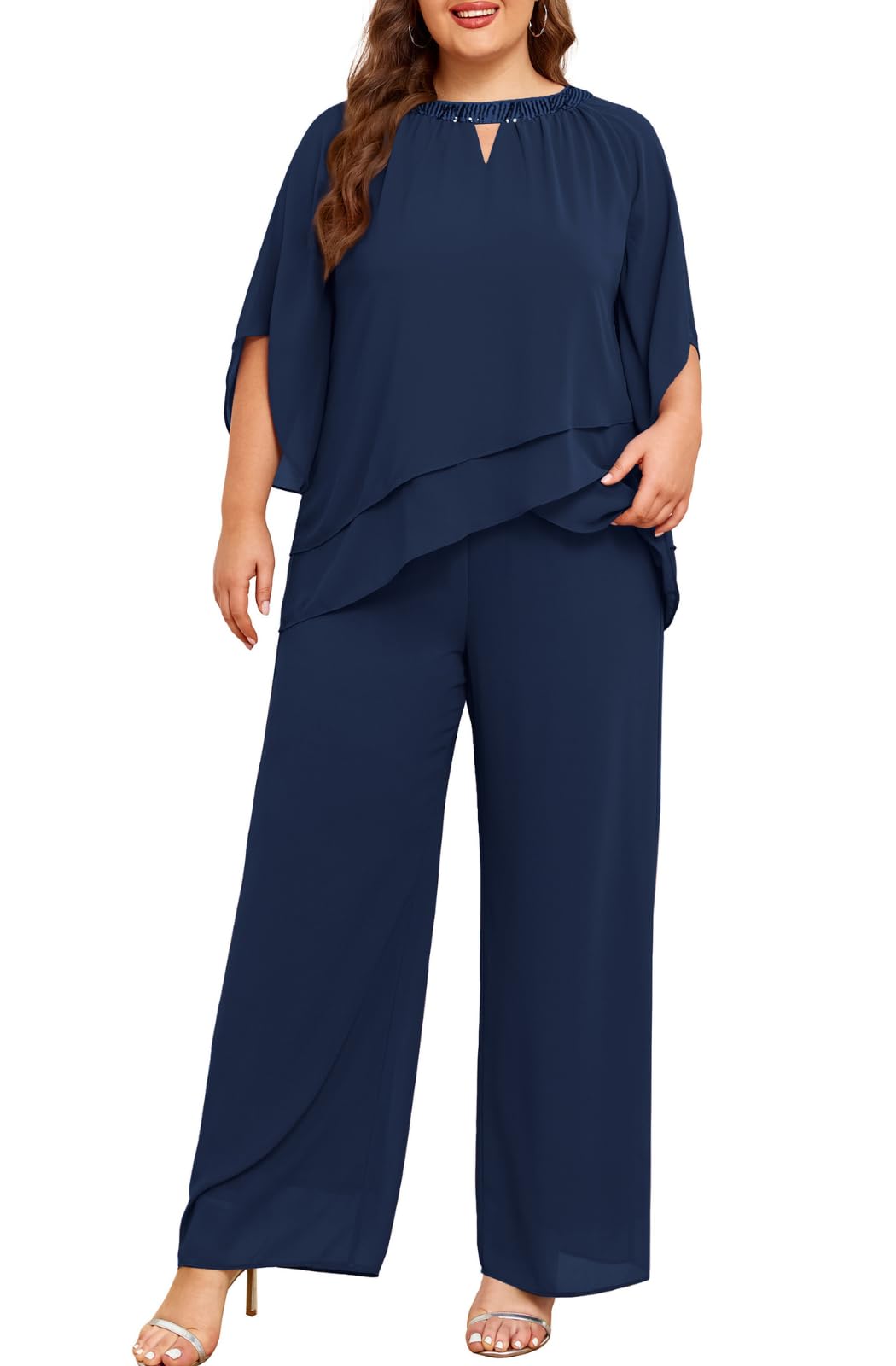 Elegant Hanna Nikole Plus Size Mother of the Bride Pant Suit - Chiffon 2-Piece Formal Outfit with Half Sleeves for Wedding Guest & Special Occasions | Perfect for Church Ceremonies, Receptions & Evening Events