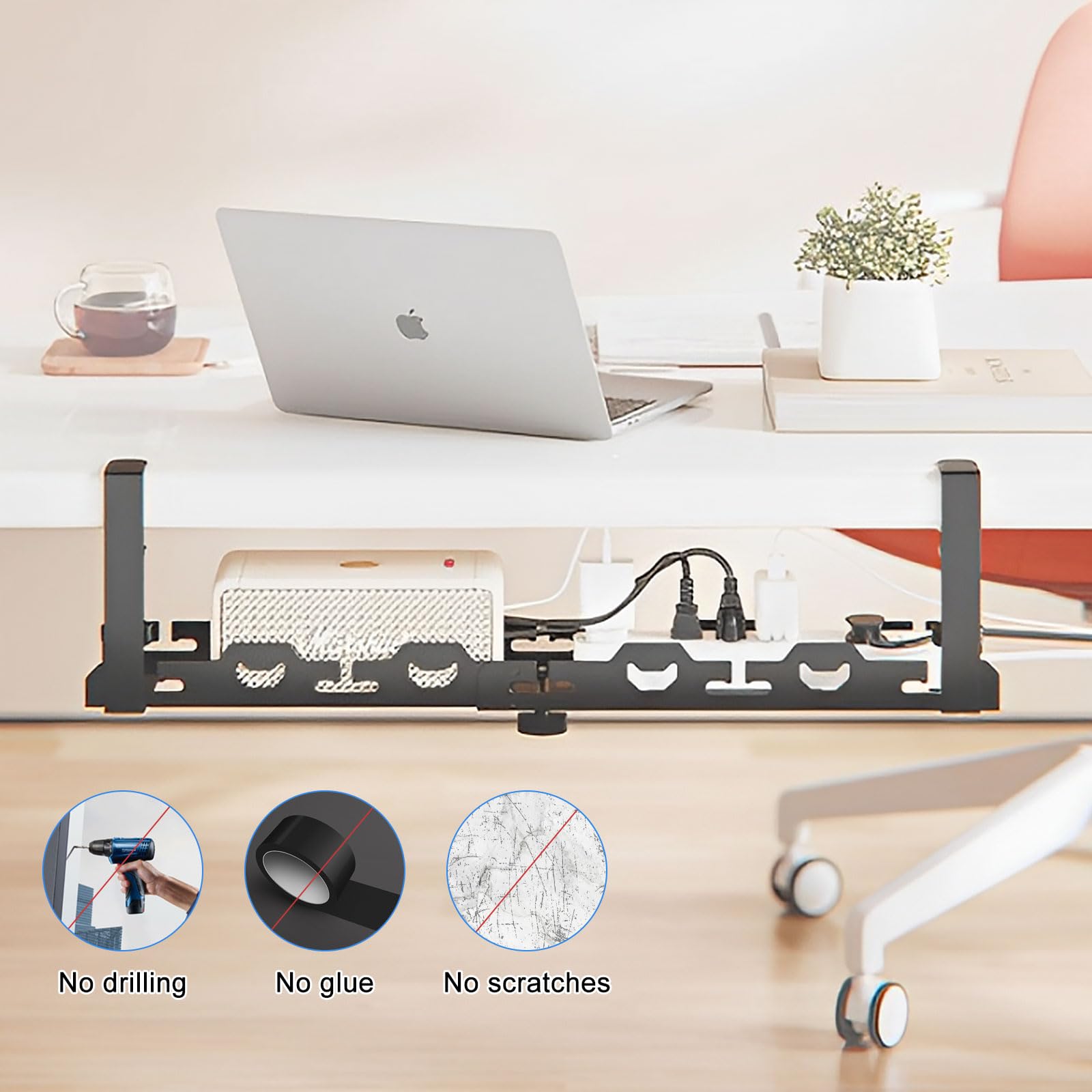 Black Extendable Under Desk Cable Management Tray (15.7-29 Inch) - No Drill Installation for Wire Organization | Perfect for Home Office, Gaming Setup & Workspace Organization