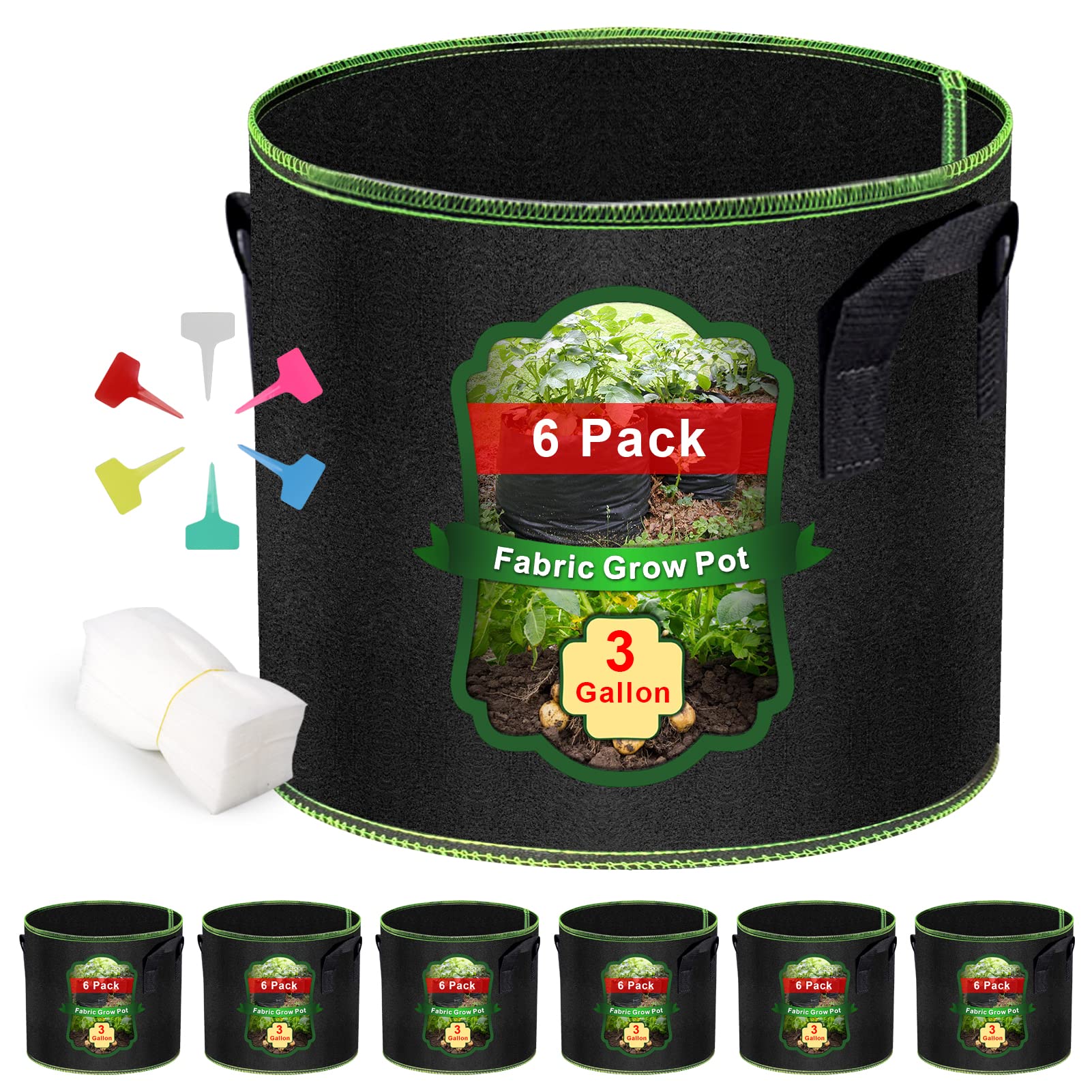 6 Pack 3 Gallon Thickened Fabric Grow Bags for Potatoes, Tomatoes & Vegetables - Large Durable Plant Pots for Gardening, Balcony & Indoor Planting