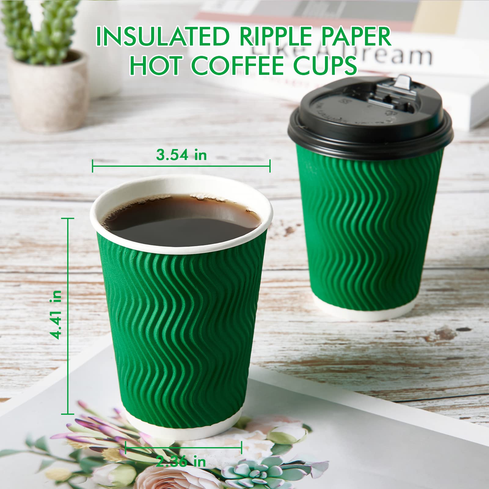 12 oz Insulated Paper Coffee Cups with Lids (100 Count) - Ripple Wall Design for Hot Drinks - Perfect for Coffee Shops, Offices & Home Use